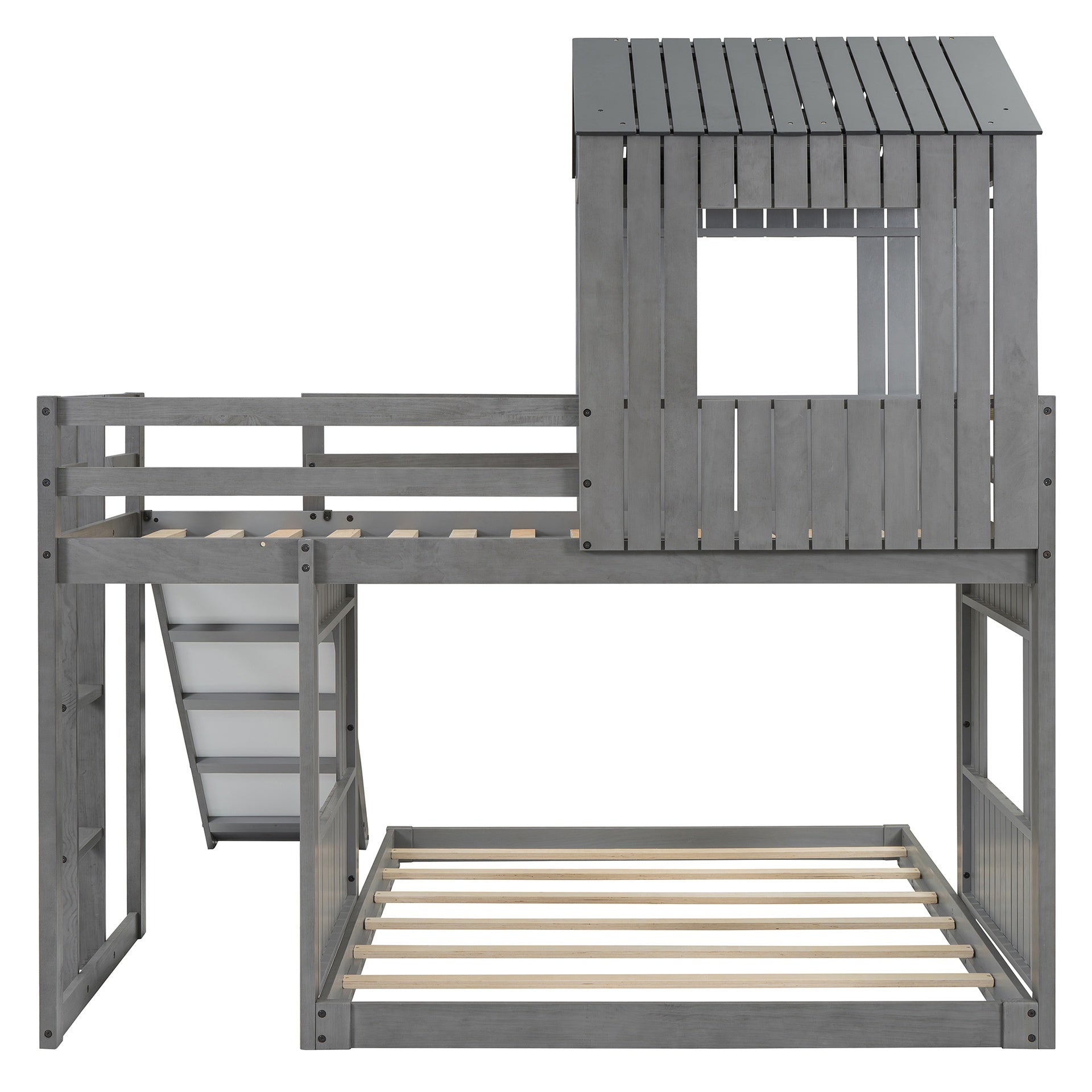 Wooden Twin Over Full Bunk Bed, Loft Bed with Playhouse, Farmhouse, Ladder, Slide and Guardrails, Antique Gray(OLD SKU :LT000028AAE)