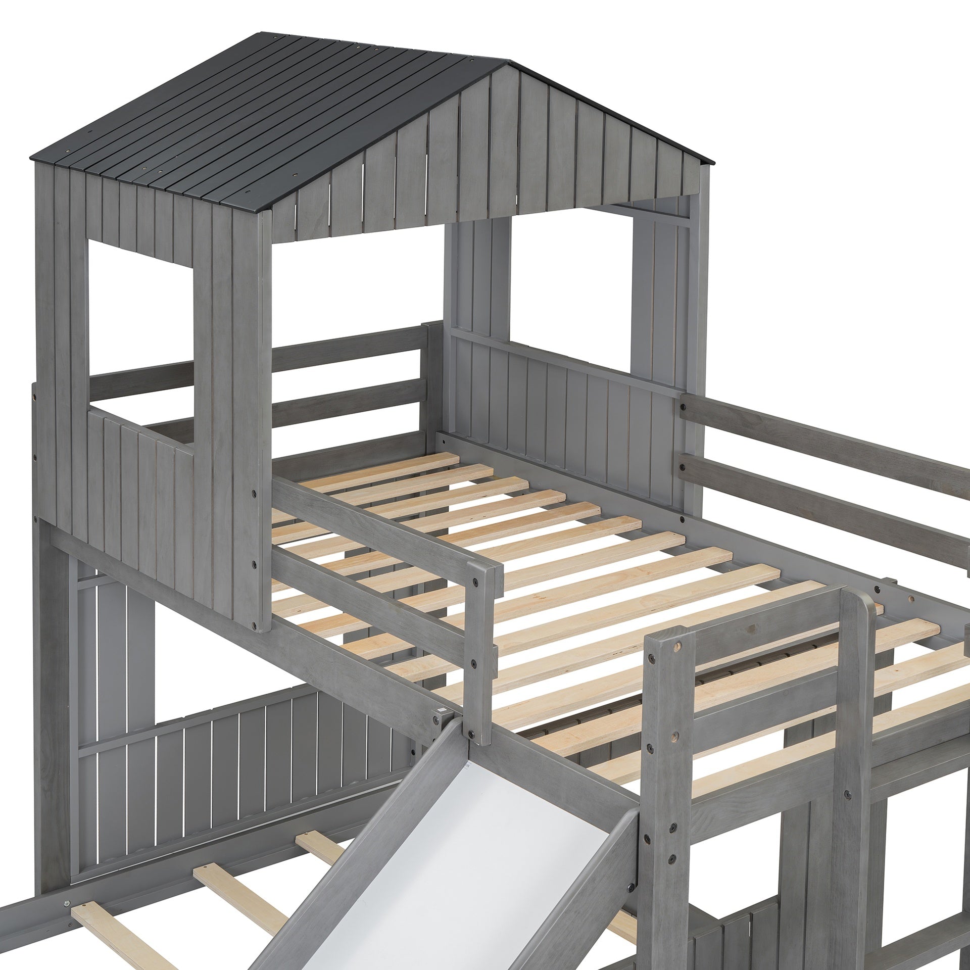 Wooden Twin Over Full Bunk Bed, Loft Bed with Playhouse, Farmhouse, Ladder, Slide and Guardrails, Antique Gray(OLD SKU :LT000028AAE)