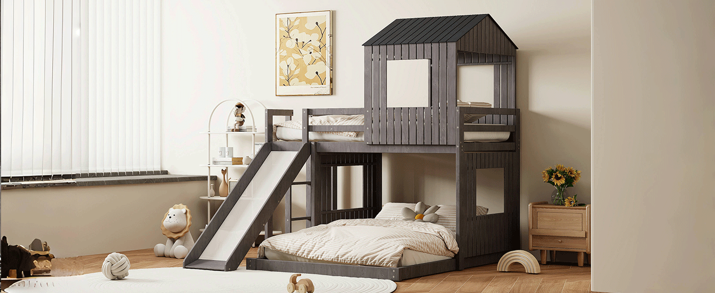 Wooden Twin Over Full Bunk Bed, Loft Bed with Playhouse, Farmhouse, Ladder, Slide and Guardrails, Antique Gray(OLD SKU :LT000028AAE)