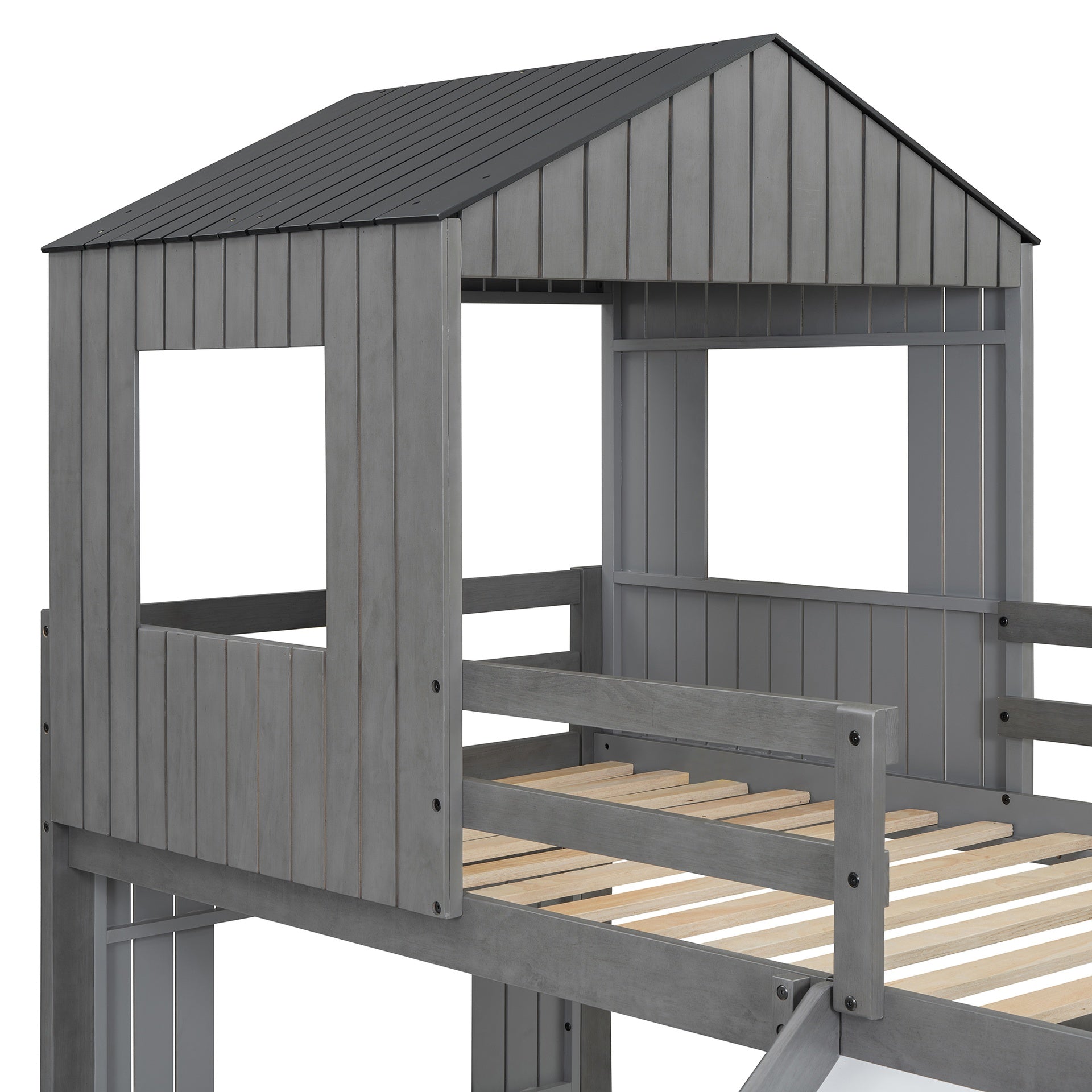 Wooden Twin Over Full Bunk Bed, Loft Bed with Playhouse, Farmhouse, Ladder, Slide and Guardrails, Antique Gray(OLD SKU :LT000028AAE)