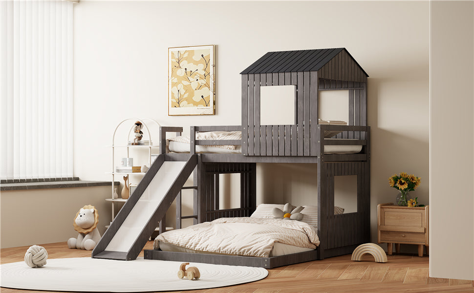 Wooden Twin Over Full Bunk Bed, Loft Bed with Playhouse, Farmhouse, Ladder, Slide and Guardrails, Antique Gray(OLD SKU :LT000028AAE)