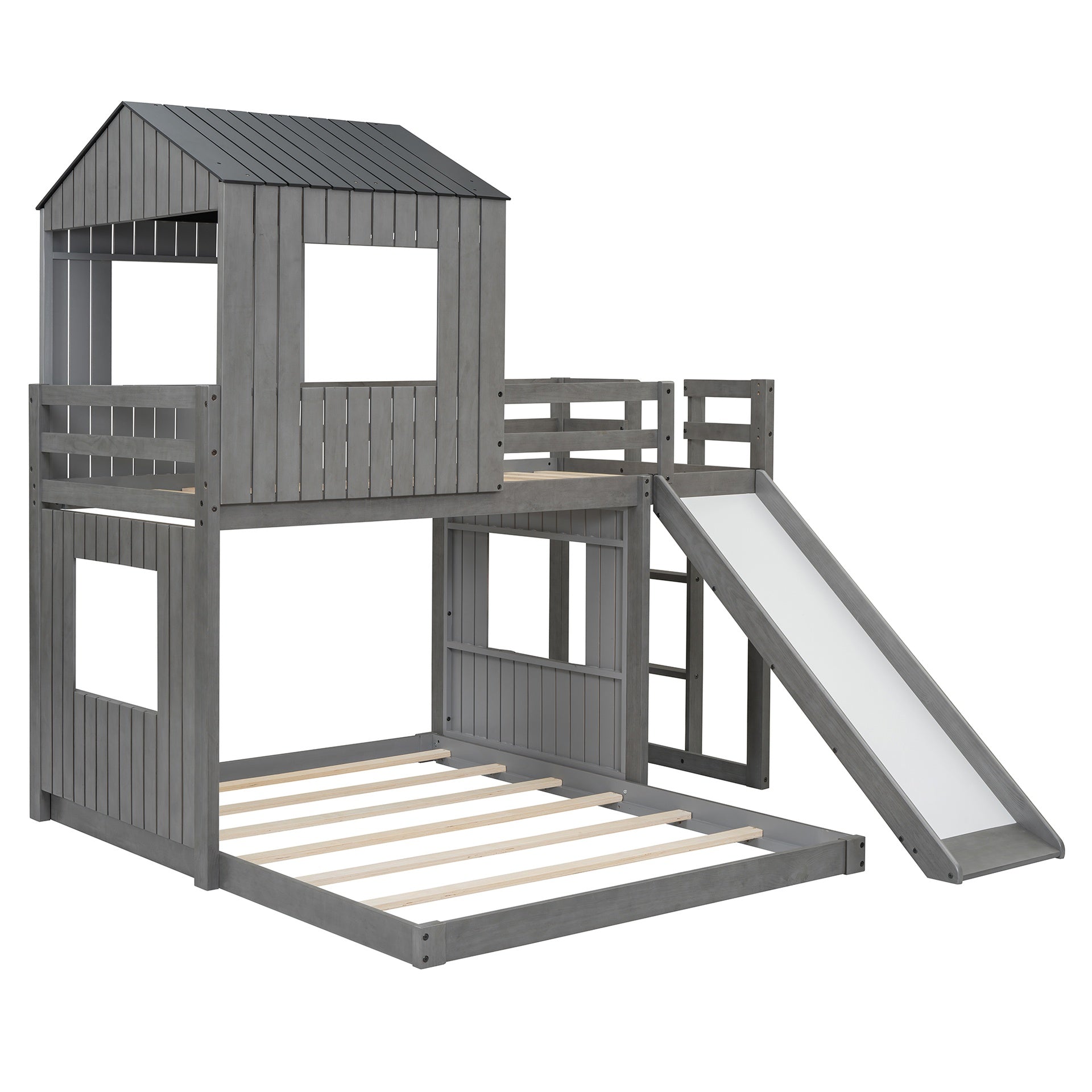 Wooden Twin Over Full Bunk Bed, Loft Bed with Playhouse, Farmhouse, Ladder, Slide and Guardrails, Antique Gray(OLD SKU :LT000028AAE)