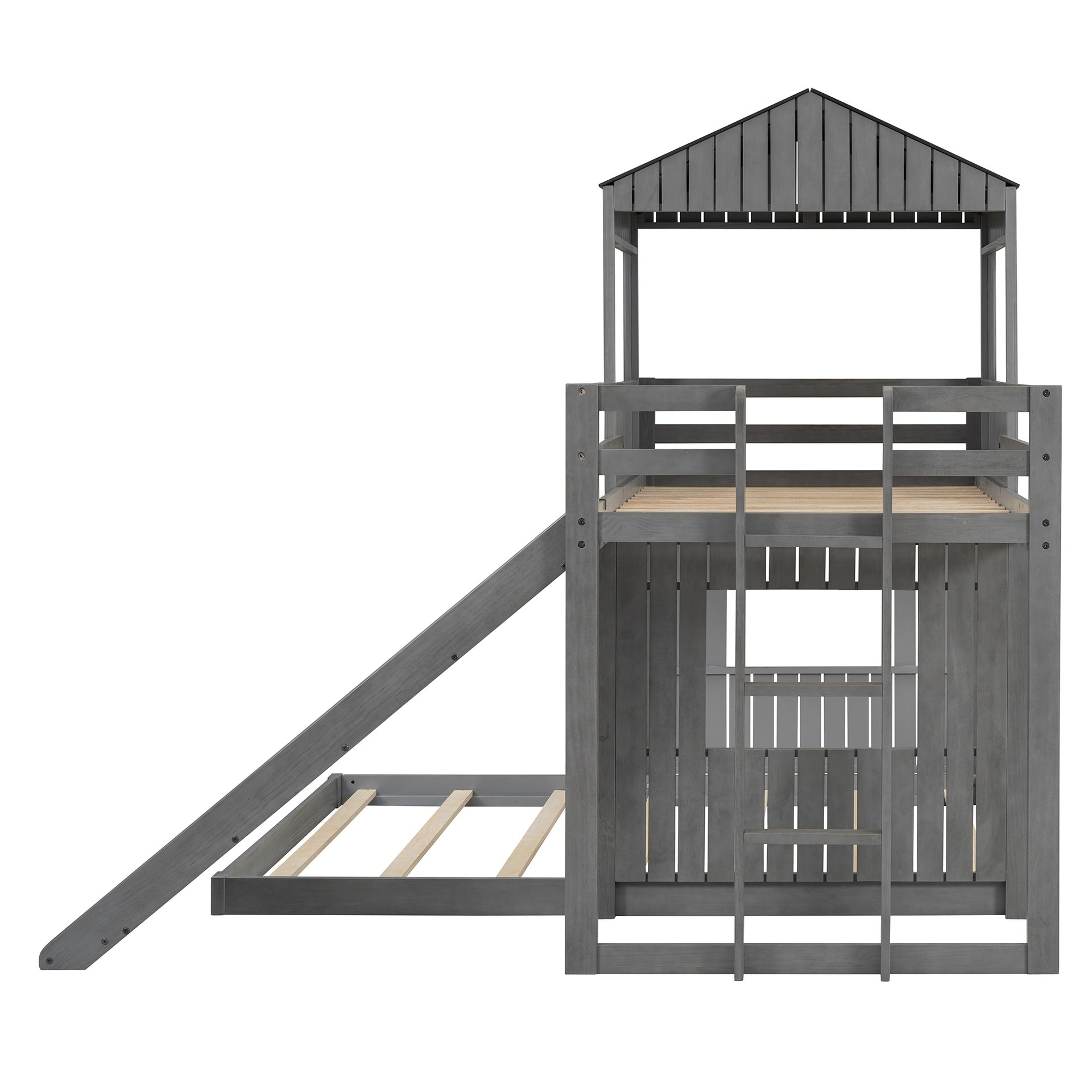 Wooden Twin Over Full Bunk Bed, Loft Bed with Playhouse, Farmhouse, Ladder, Slide and Guardrails, Antique Gray(OLD SKU :LT000028AAE)