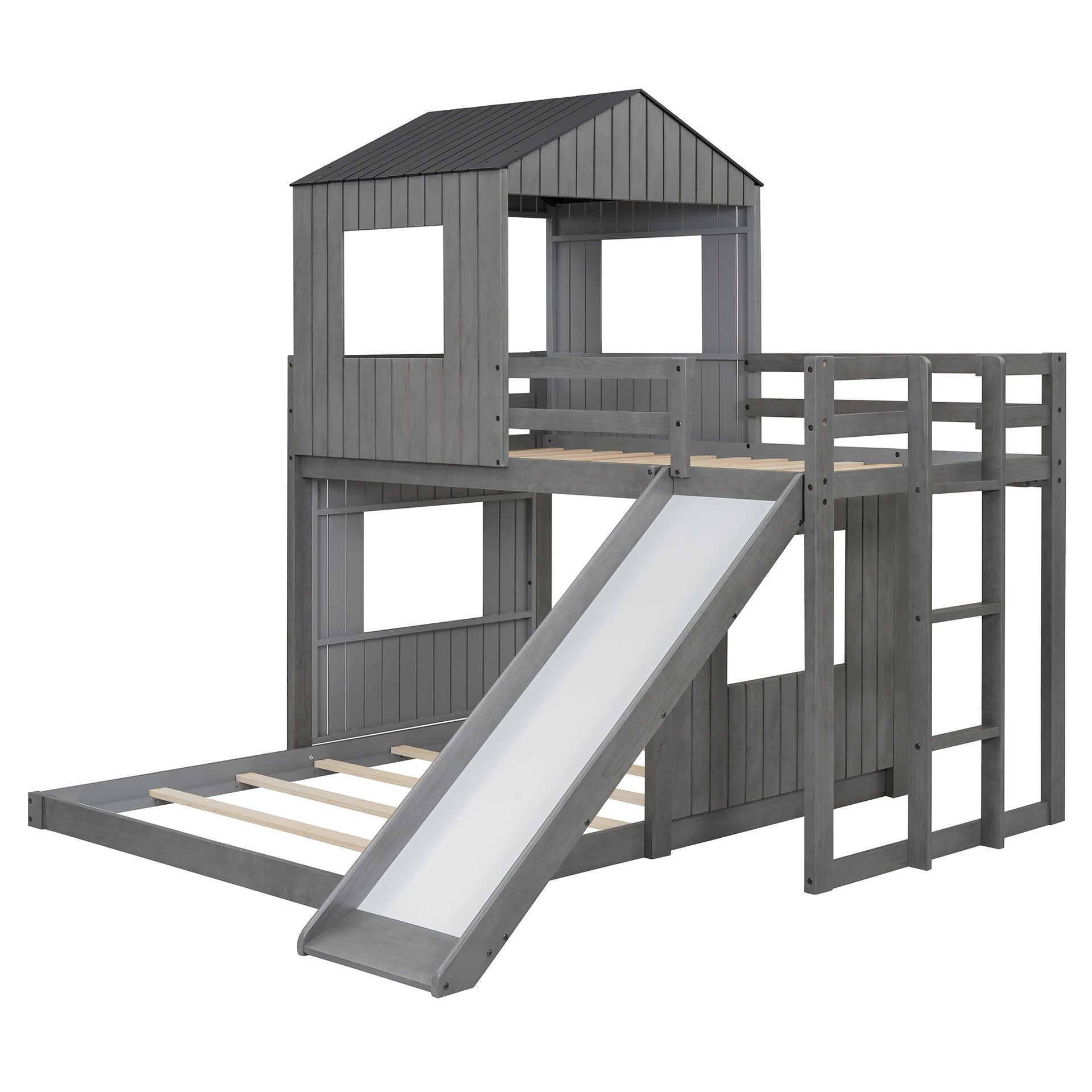 Wooden Twin Over Full Bunk Bed, Loft Bed with Playhouse, Farmhouse, Ladder, Slide and Guardrails, Antique Gray(OLD SKU :LT000028AAE)