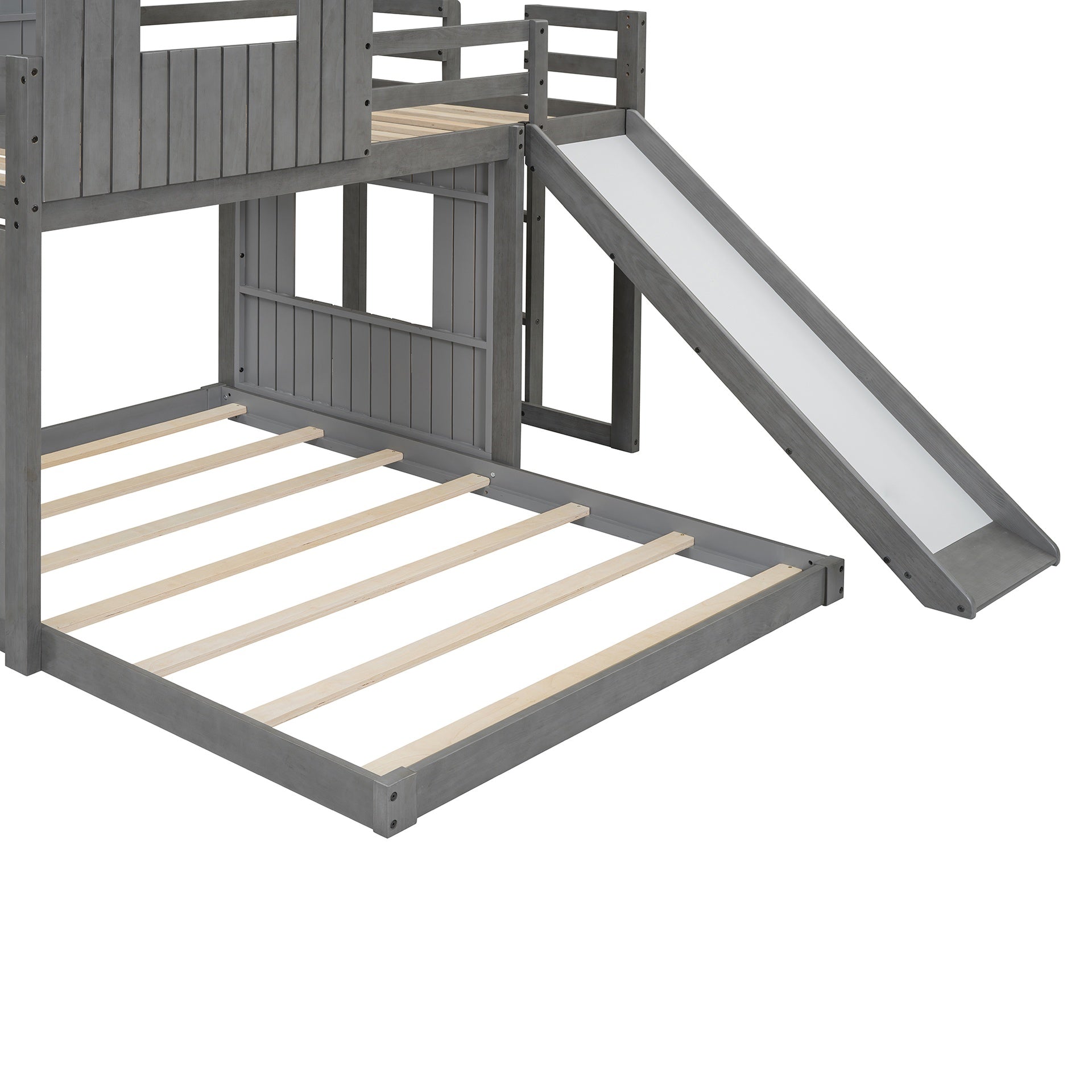 Wooden Twin Over Full Bunk Bed, Loft Bed with Playhouse, Farmhouse, Ladder, Slide and Guardrails, Antique Gray(OLD SKU :LT000028AAE)
