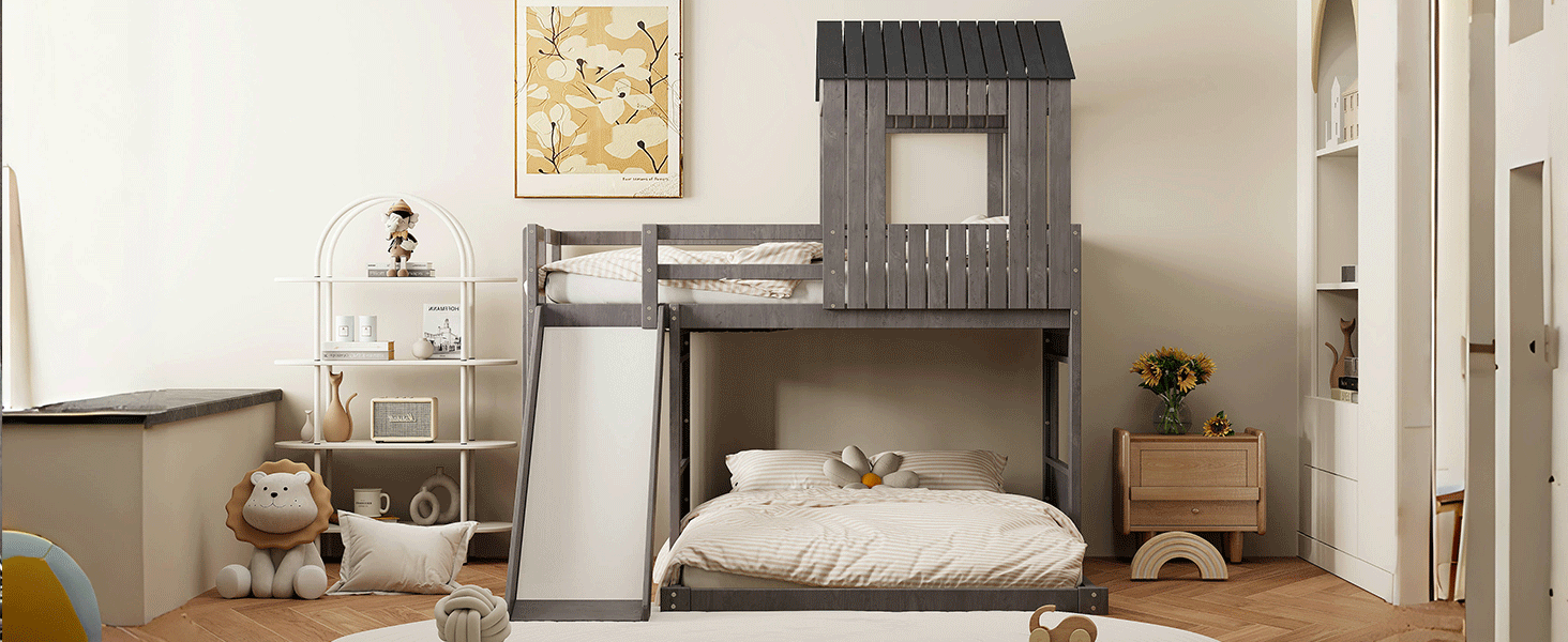 Wooden Twin Over Full Bunk Bed, Loft Bed with Playhouse, Farmhouse, Ladder, Slide and Guardrails, Antique Gray(OLD SKU :LT000028AAE)