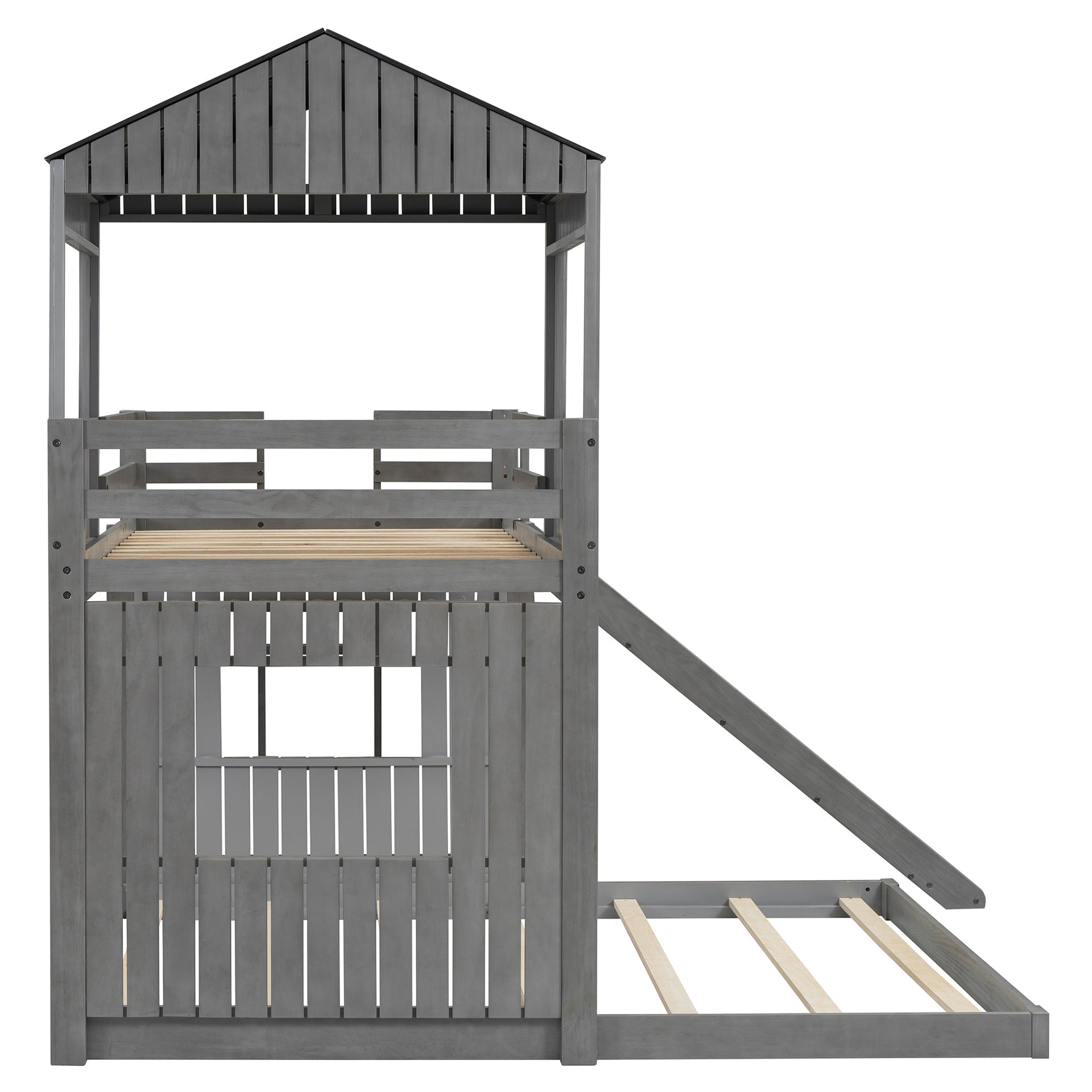 Wooden Twin Over Full Bunk Bed, Loft Bed with Playhouse, Farmhouse, Ladder, Slide and Guardrails, Antique Gray(OLD SKU :LT000028AAE)