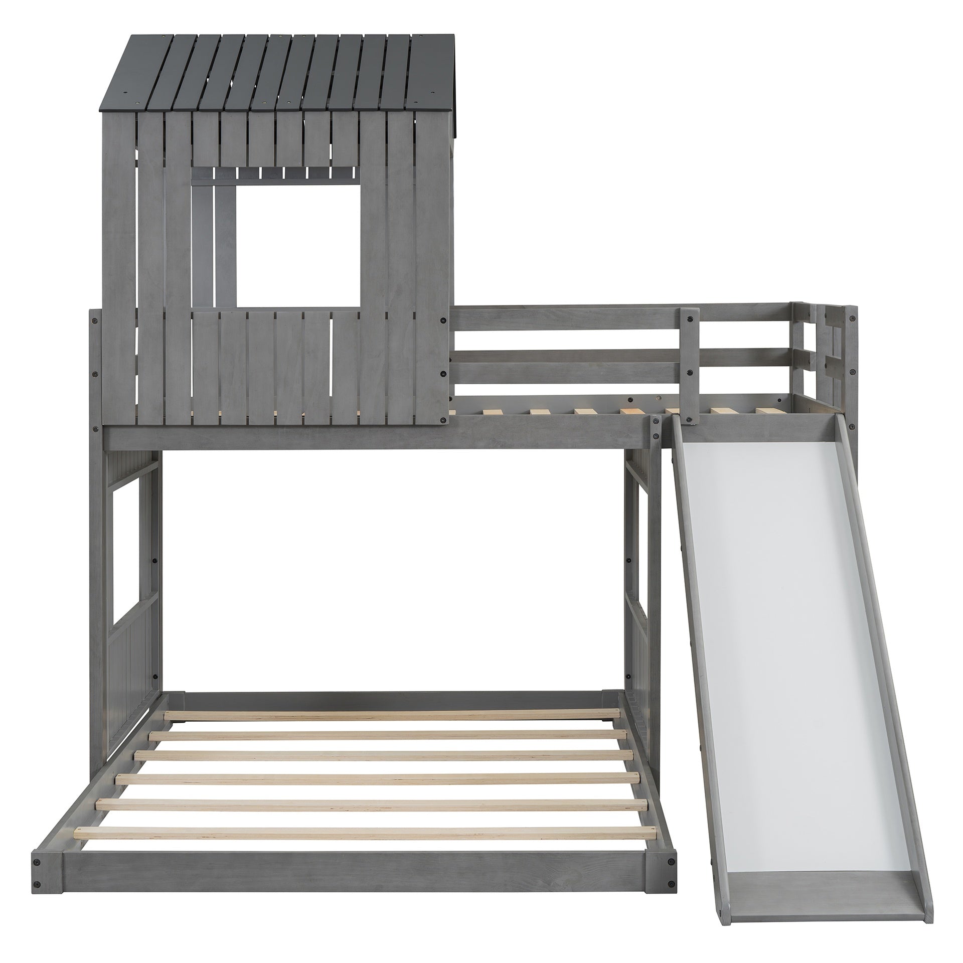 Wooden Twin Over Full Bunk Bed, Loft Bed with Playhouse, Farmhouse, Ladder, Slide and Guardrails, Antique Gray(OLD SKU :LT000028AAE)