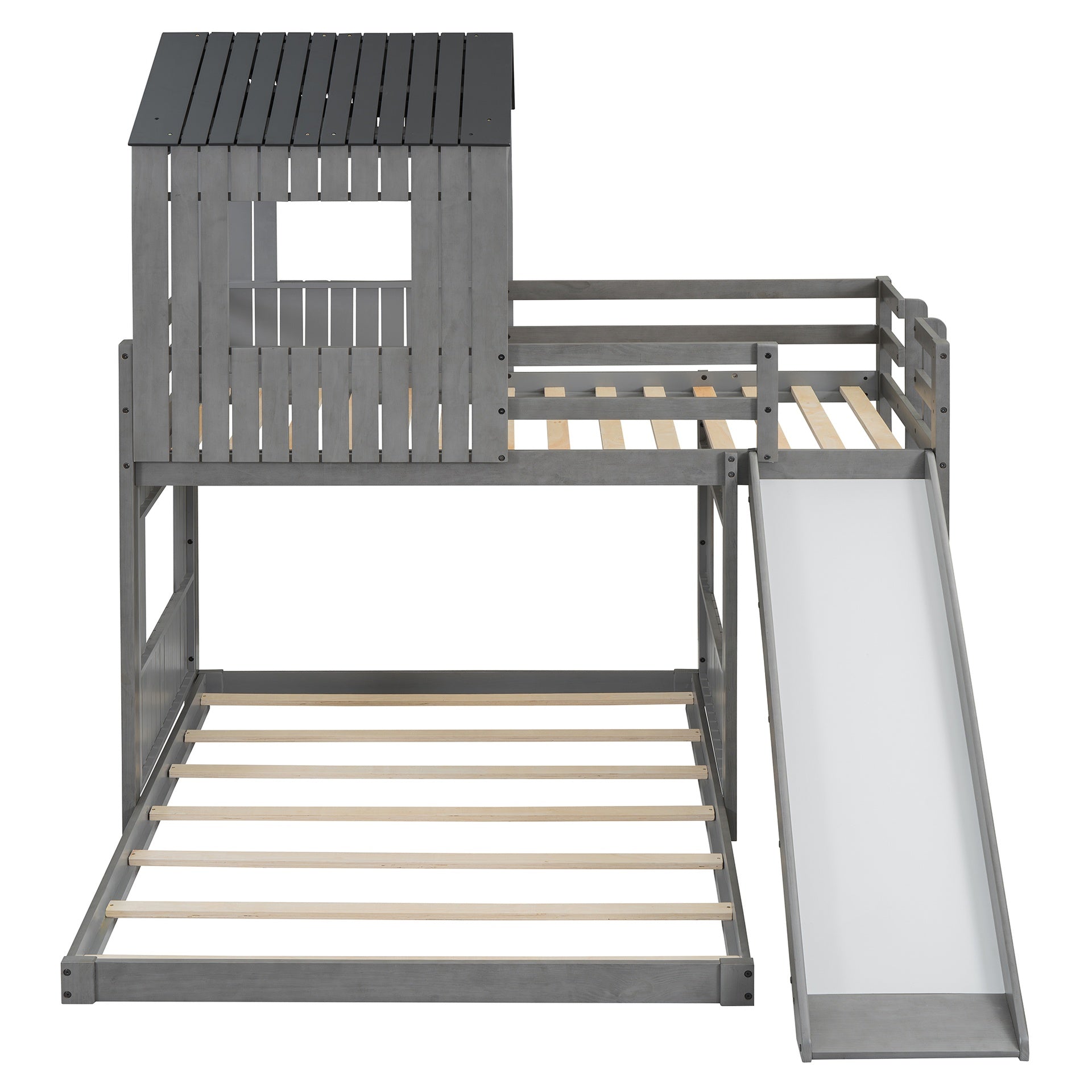 Wooden Twin Over Full Bunk Bed, Loft Bed with Playhouse, Farmhouse, Ladder, Slide and Guardrails, Antique Gray(OLD SKU :LT000028AAE)