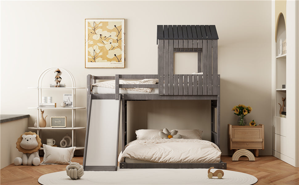 Wooden Twin Over Full Bunk Bed, Loft Bed with Playhouse, Farmhouse, Ladder, Slide and Guardrails, Antique Gray(OLD SKU :LT000028AAE)