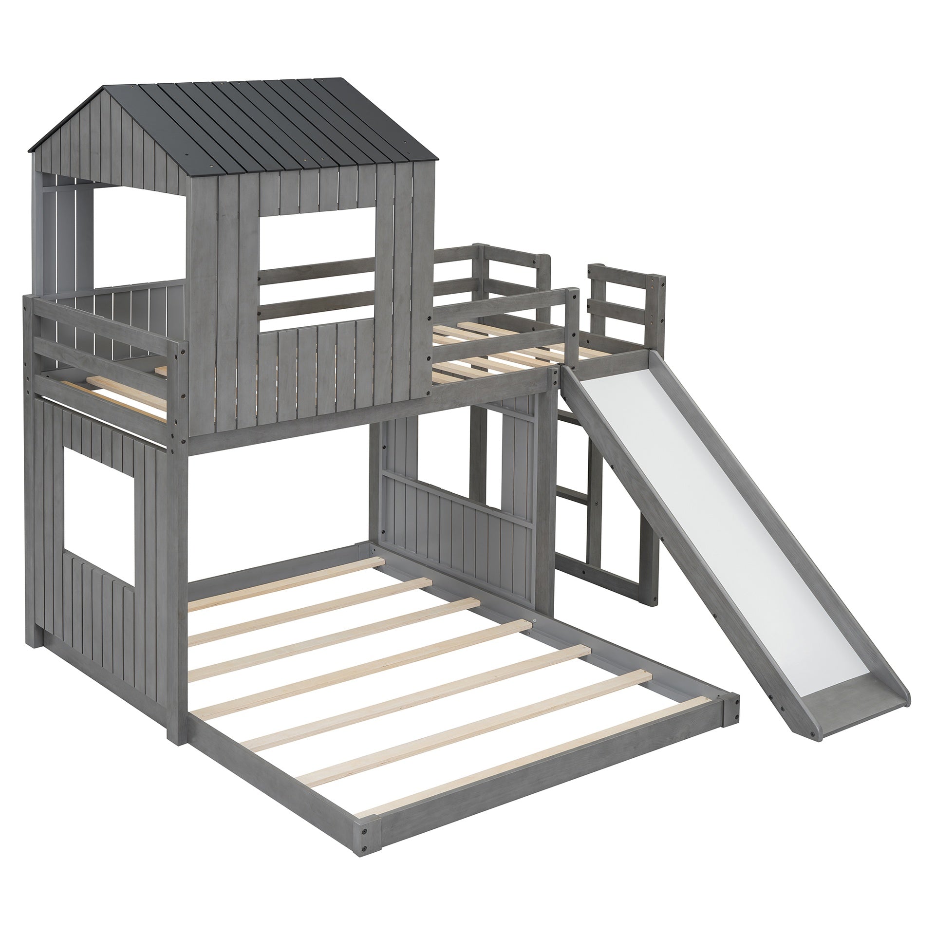 Wooden Twin Over Full Bunk Bed, Loft Bed with Playhouse, Farmhouse, Ladder, Slide and Guardrails, Antique Gray(OLD SKU :LT000028AAE)