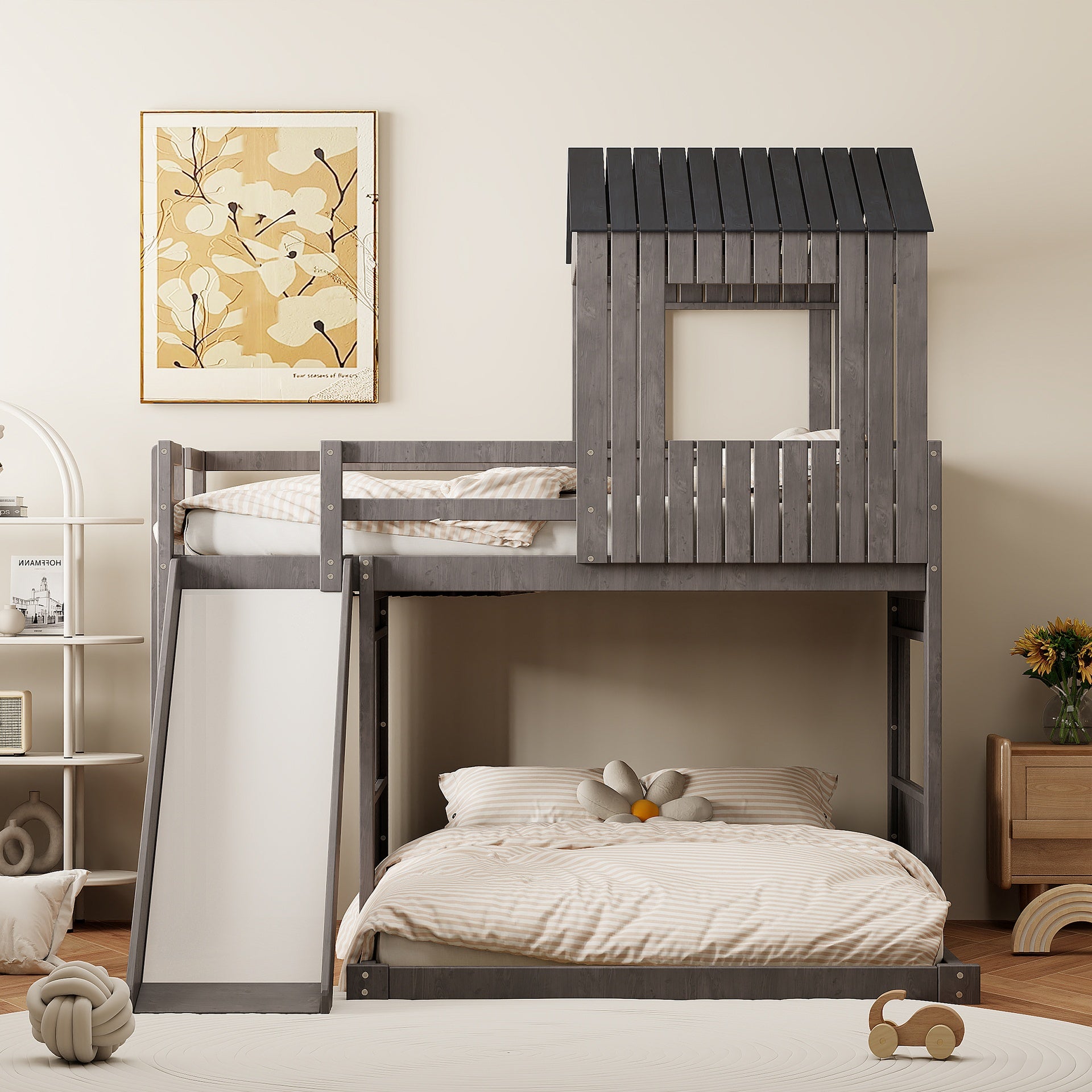 Wooden Twin Over Full Bunk Bed, Loft Bed with Playhouse, Farmhouse, Ladder, Slide and Guardrails, Antique Gray(OLD SKU :LT000028AAE)