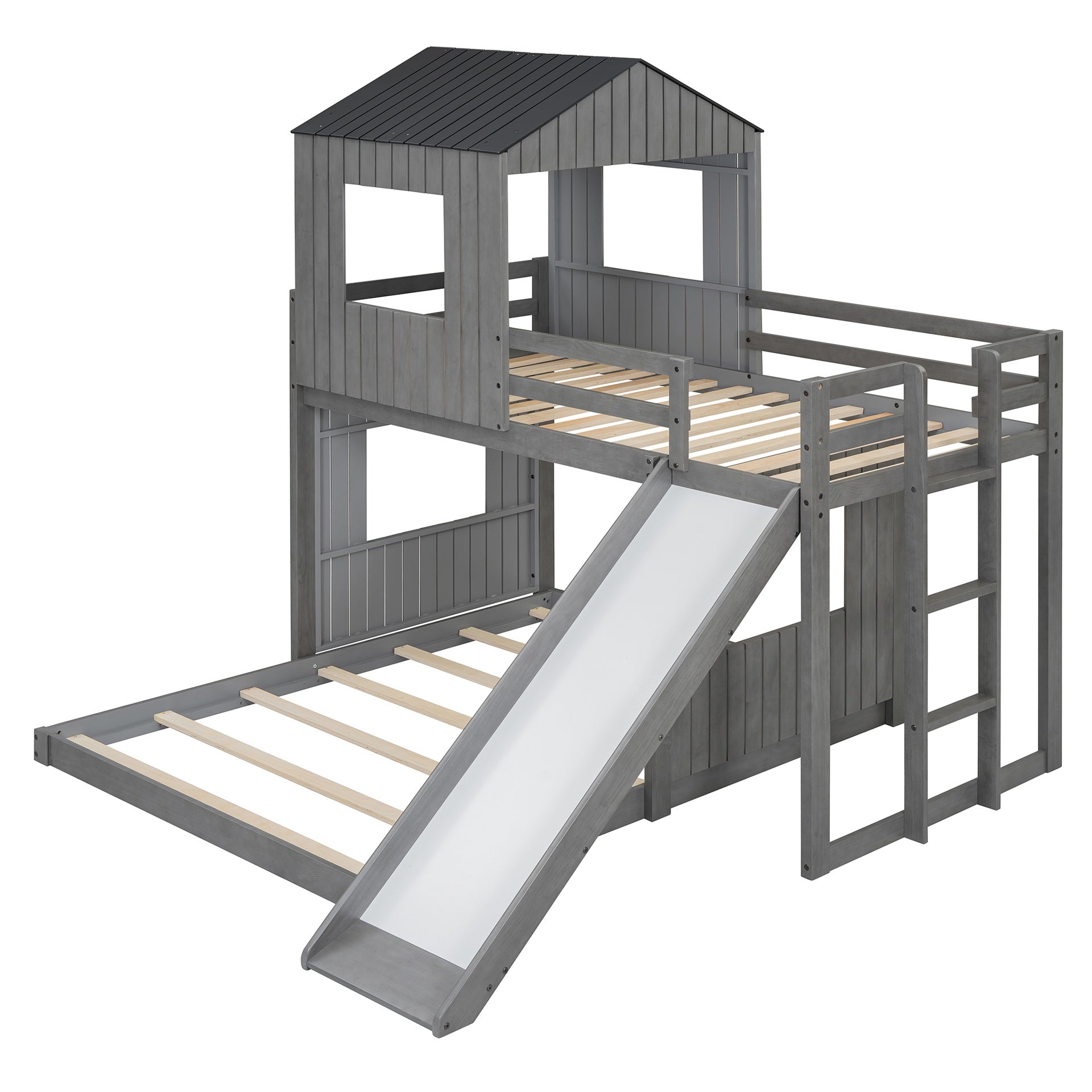 Wooden Twin Over Full Bunk Bed, Loft Bed with Playhouse, Farmhouse, Ladder, Slide and Guardrails, Antique Gray(OLD SKU :LT000028AAE)