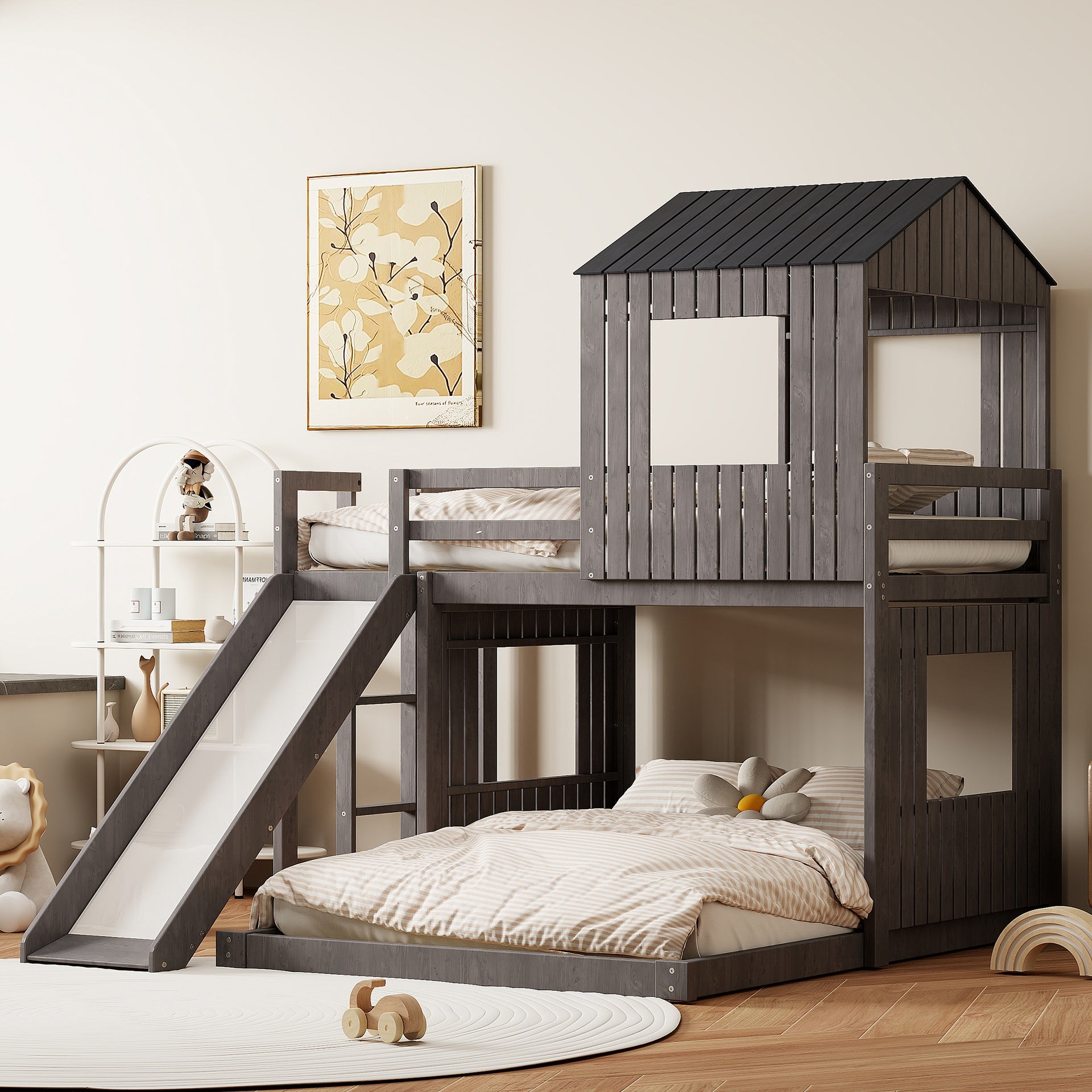 Wooden Twin Over Full Bunk Bed, Loft Bed with Playhouse, Farmhouse, Ladder, Slide and Guardrails, Antique Gray(OLD SKU :LT000028AAE)