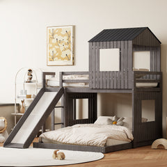 Wooden Twin Over Full Bunk Bed, Loft Bed with Playhouse, Farmhouse, Ladder, Slide and Guardrails, Antique Gray(OLD SKU :LT000028AAE)