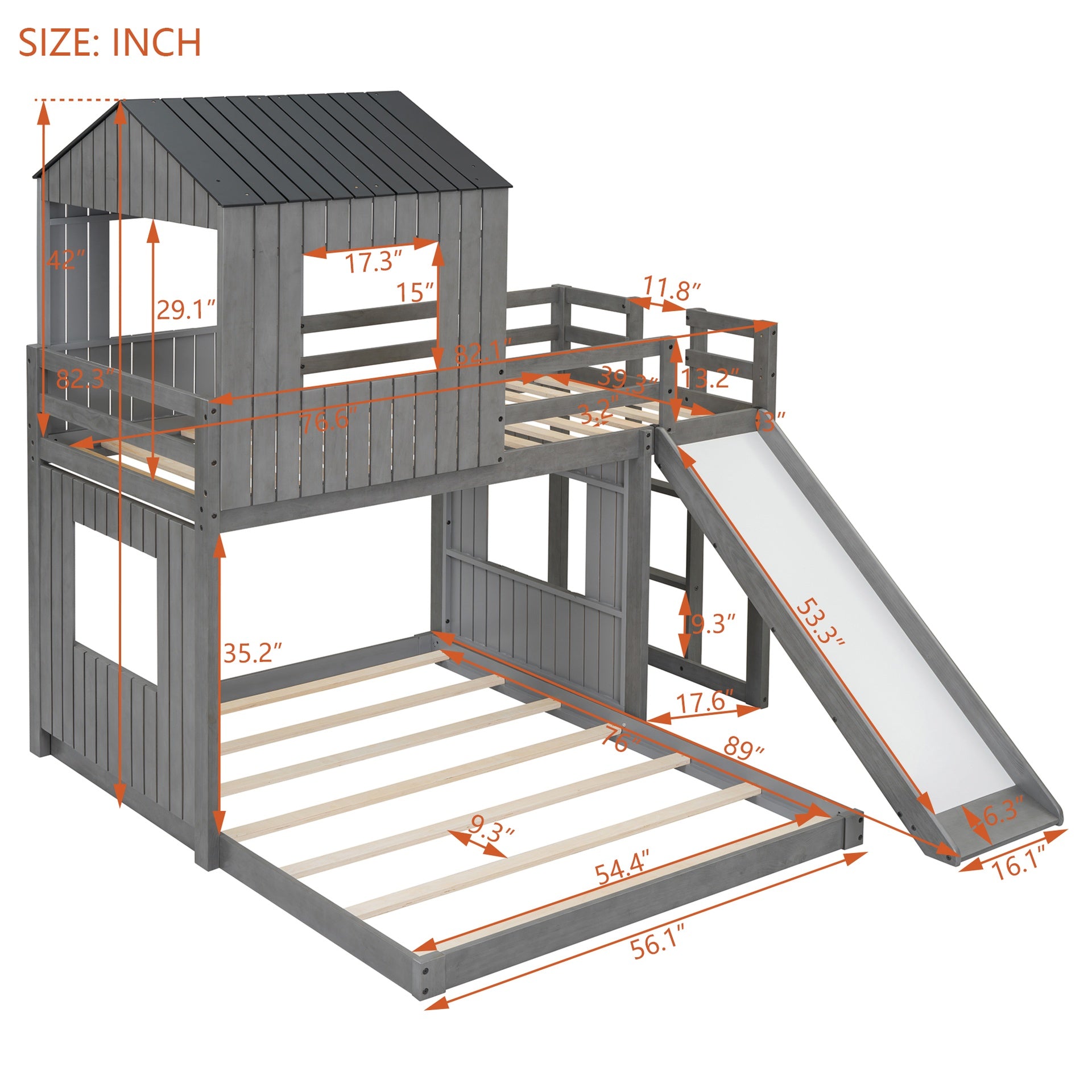 Wooden Twin Over Full Bunk Bed, Loft Bed with Playhouse, Farmhouse, Ladder, Slide and Guardrails, Antique Gray(OLD SKU :LT000028AAE)