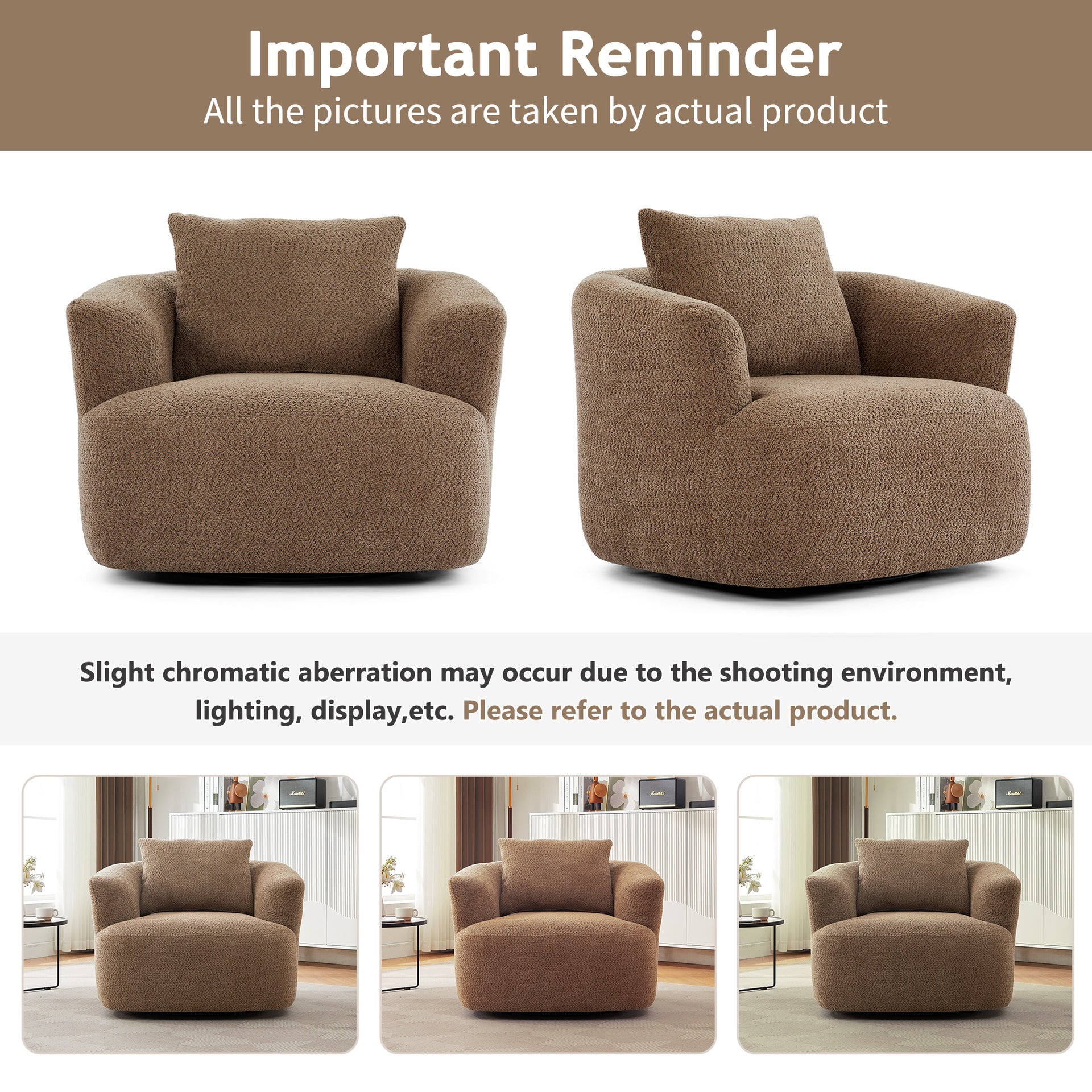 360° Swivel Chair, 38.2" Accent Chair Sofa, Upholstered Swivel Barrel Sofa Chair with a Throw Pillow for Living Room, Bedroom, Office and Hotel, Dark Brown
