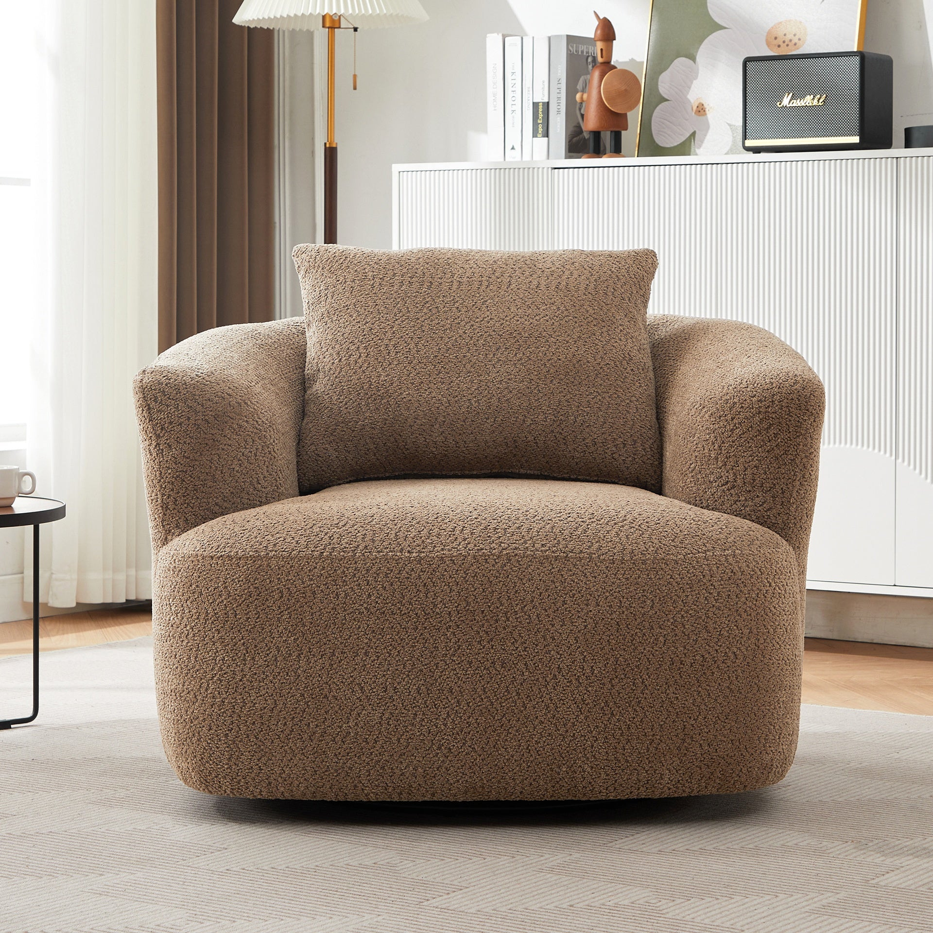 360° Swivel Chair, 38.2" Accent Chair Sofa, Upholstered Swivel Barrel Sofa Chair with a Throw Pillow for Living Room, Bedroom, Office and Hotel, Dark Brown