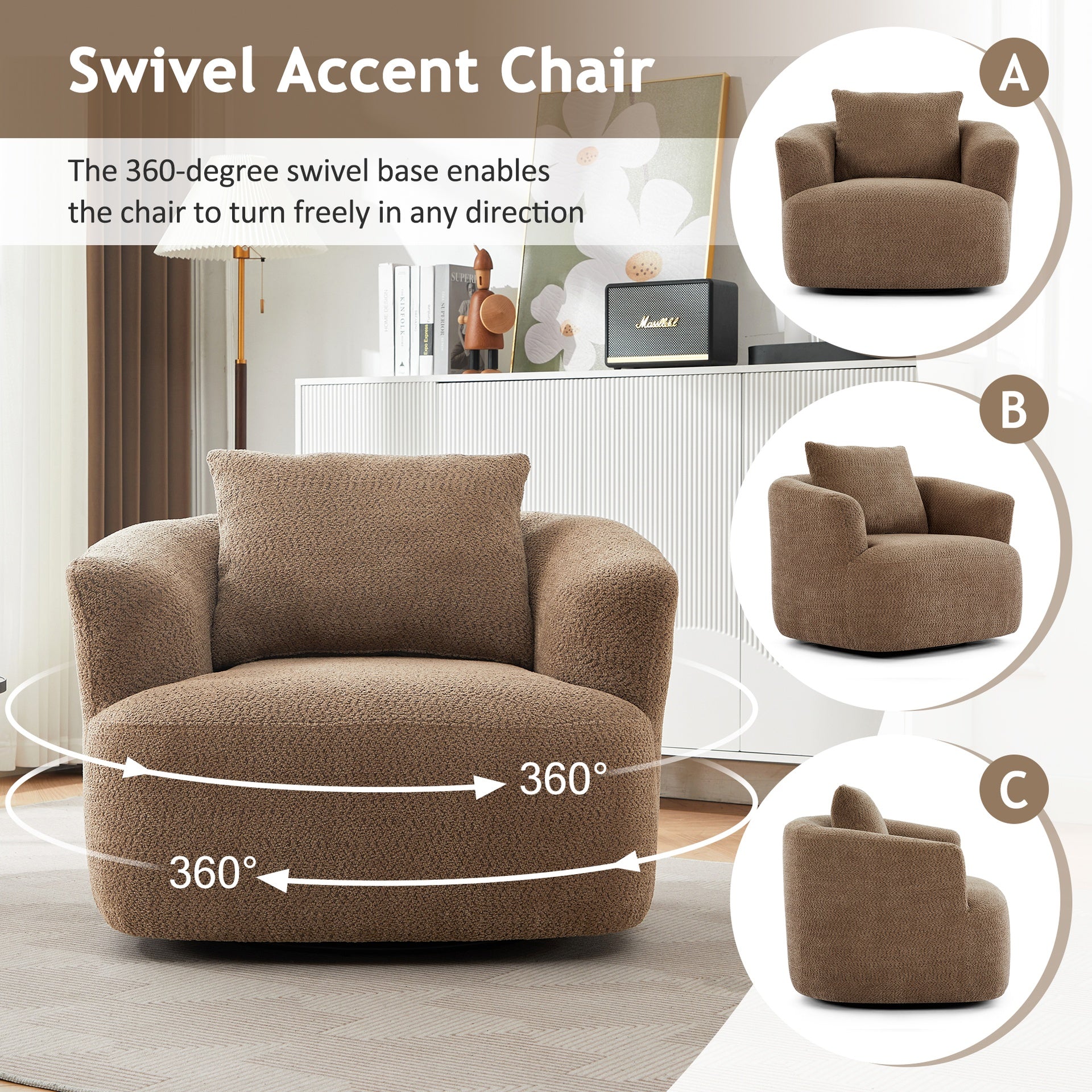 360° Swivel Chair, 38.2" Accent Chair Sofa, Upholstered Swivel Barrel Sofa Chair with a Throw Pillow for Living Room, Bedroom, Office and Hotel, Dark Brown