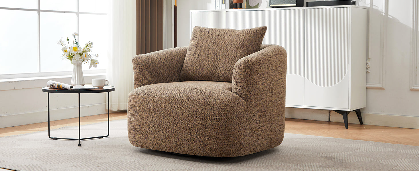 360° Swivel Chair, 38.2" Accent Chair Sofa, Upholstered Swivel Barrel Sofa Chair with a Throw Pillow for Living Room, Bedroom, Office and Hotel, Dark Brown