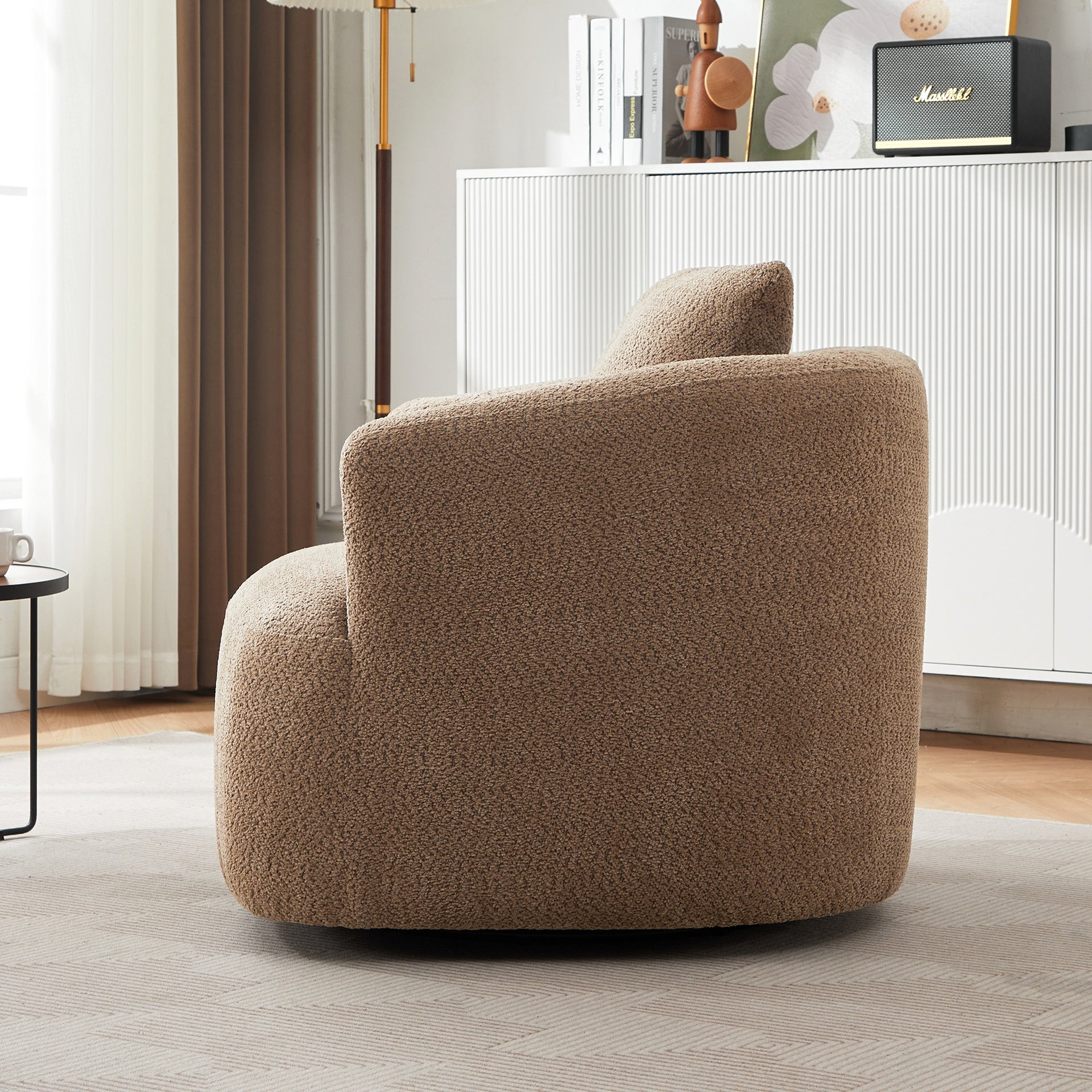 360° Swivel Chair, 38.2" Accent Chair Sofa, Upholstered Swivel Barrel Sofa Chair with a Throw Pillow for Living Room, Bedroom, Office and Hotel, Dark Brown