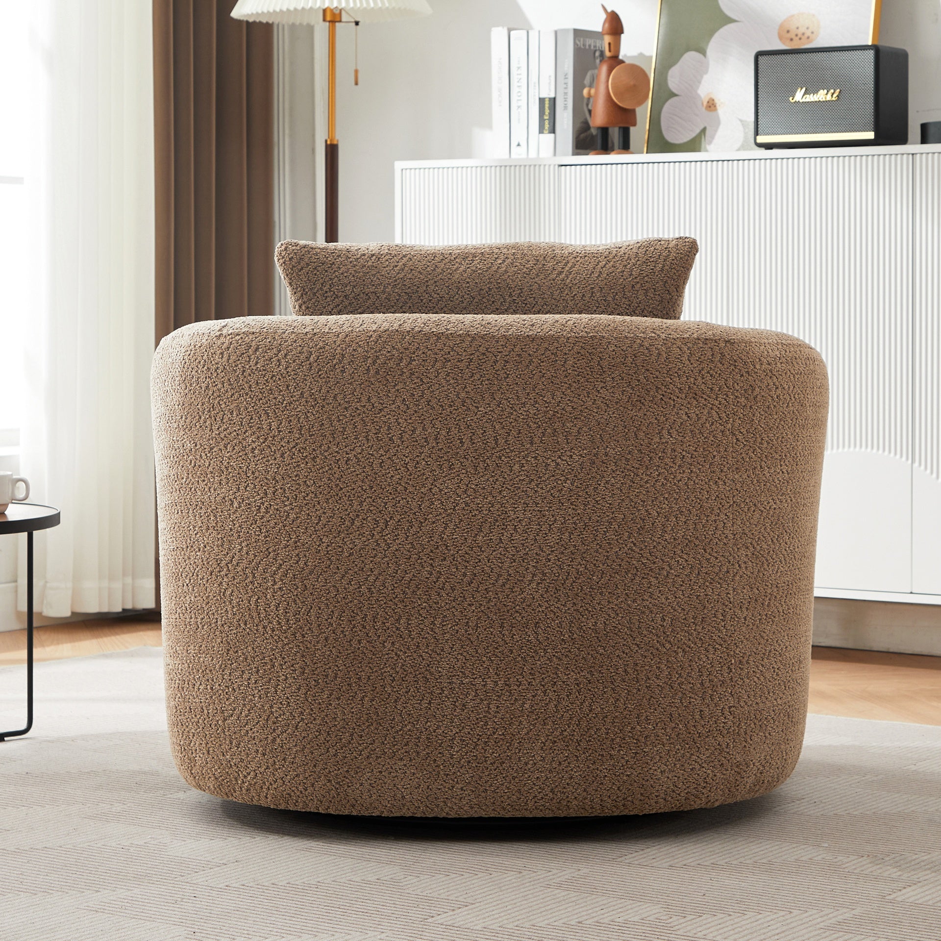 360° Swivel Chair, 38.2" Accent Chair Sofa, Upholstered Swivel Barrel Sofa Chair with a Throw Pillow for Living Room, Bedroom, Office and Hotel, Dark Brown
