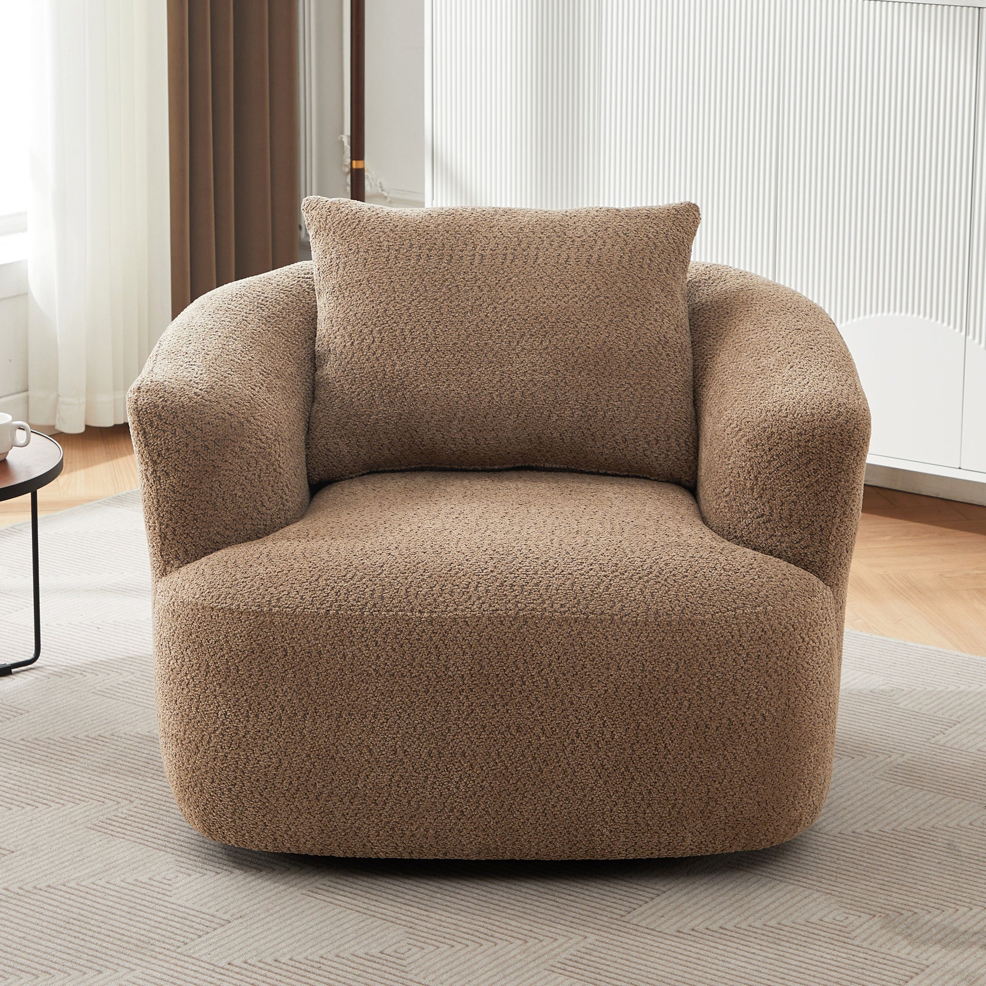 360° Swivel Chair, 38.2" Accent Chair Sofa, Upholstered Swivel Barrel Sofa Chair with a Throw Pillow for Living Room, Bedroom, Office and Hotel, Dark Brown