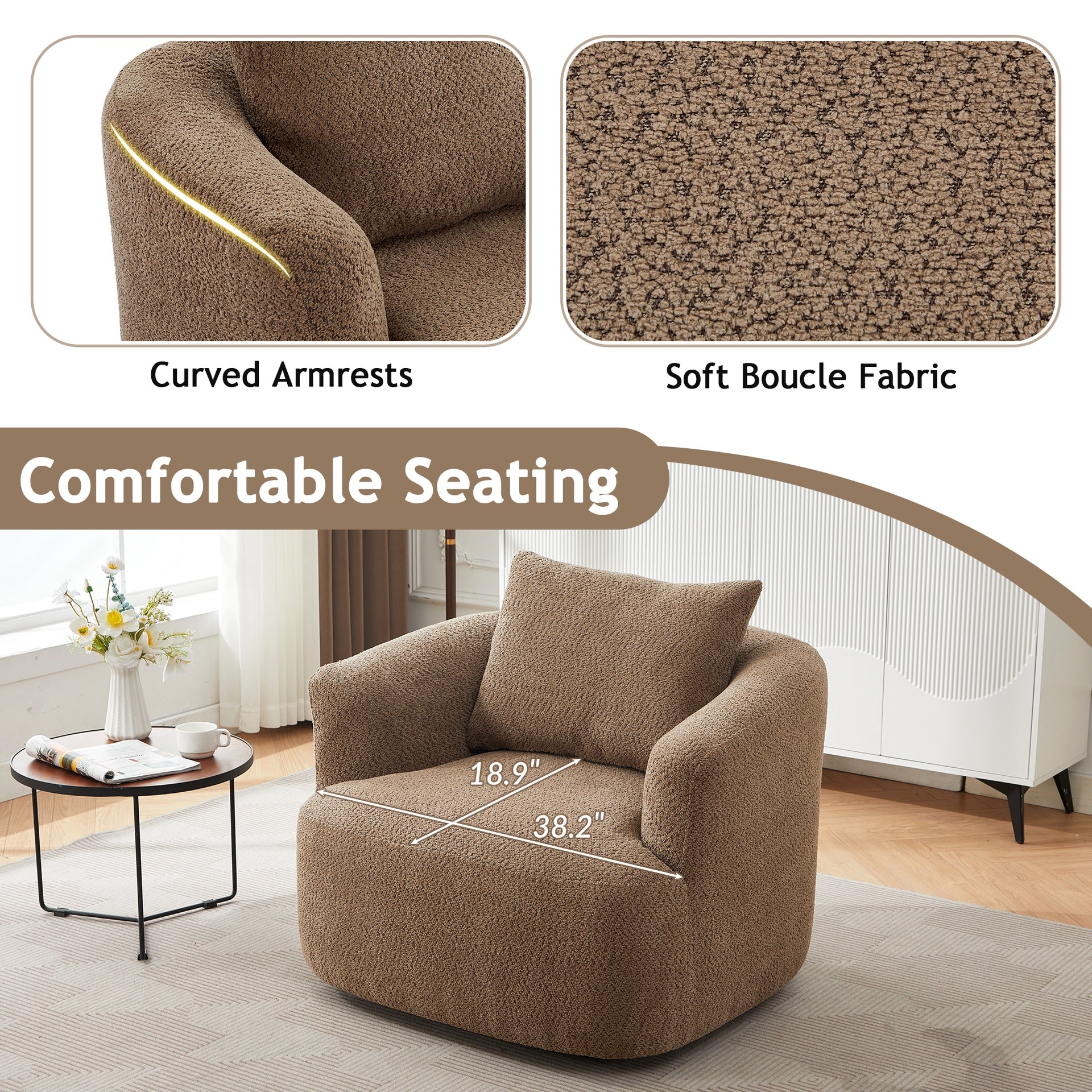 360° Swivel Chair, 38.2" Accent Chair Sofa, Upholstered Swivel Barrel Sofa Chair with a Throw Pillow for Living Room, Bedroom, Office and Hotel, Dark Brown