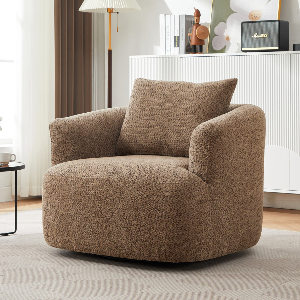 360° Swivel Chair, 38.2" Accent Chair Sofa, Upholstered Swivel Barrel Sofa Chair with a Throw Pillow for Living Room, Bedroom, Office and Hotel, Dark Brown