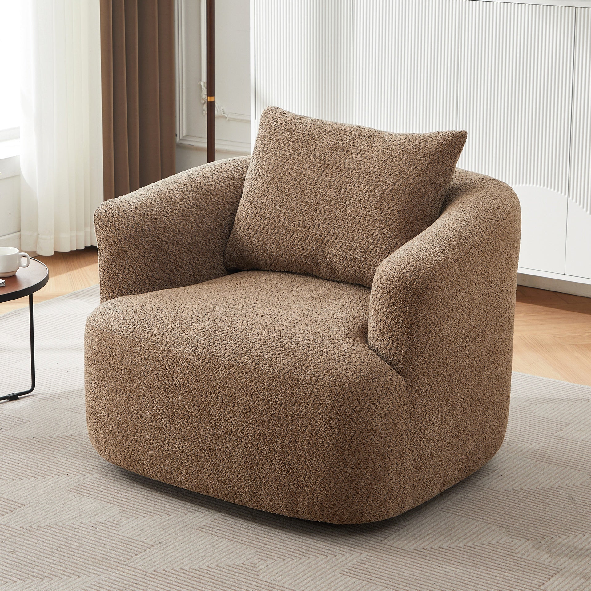 360° Swivel Chair, 38.2" Accent Chair Sofa, Upholstered Swivel Barrel Sofa Chair with a Throw Pillow for Living Room, Bedroom, Office and Hotel, Dark Brown