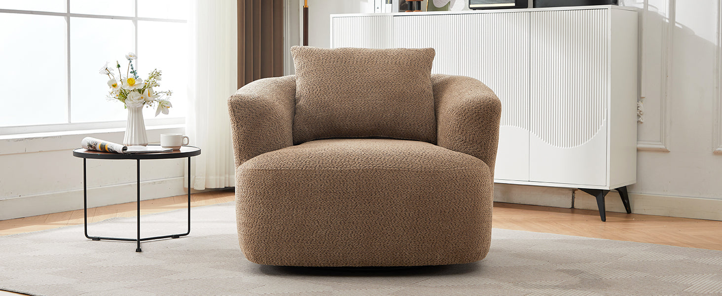 360° Swivel Chair, 38.2" Accent Chair Sofa, Upholstered Swivel Barrel Sofa Chair with a Throw Pillow for Living Room, Bedroom, Office and Hotel, Dark Brown
