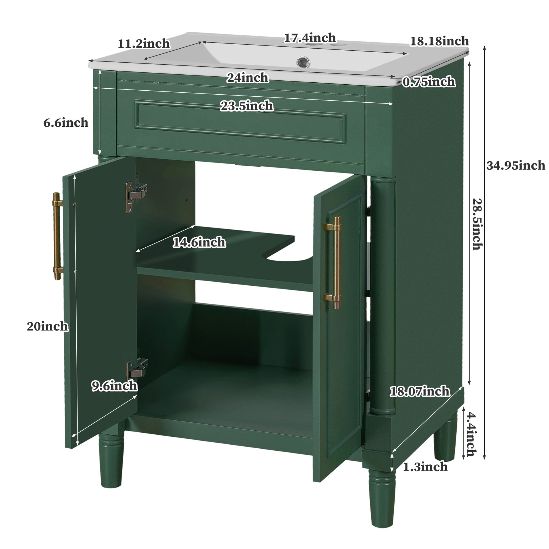 24" Bathroom Vanity with Integrated Ceramic Sink, Bathroom Cabinet with 2 Doors, Single Sink Bathroom Vanity for Small and Medium Restroom
