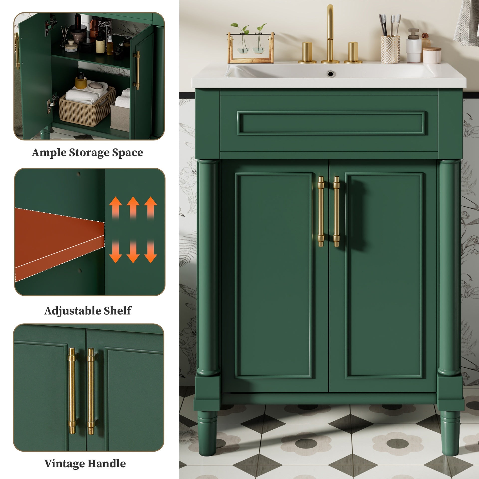 24" Bathroom Vanity with Integrated Ceramic Sink, Bathroom Cabinet with 2 Doors, Single Sink Bathroom Vanity for Small and Medium Restroom