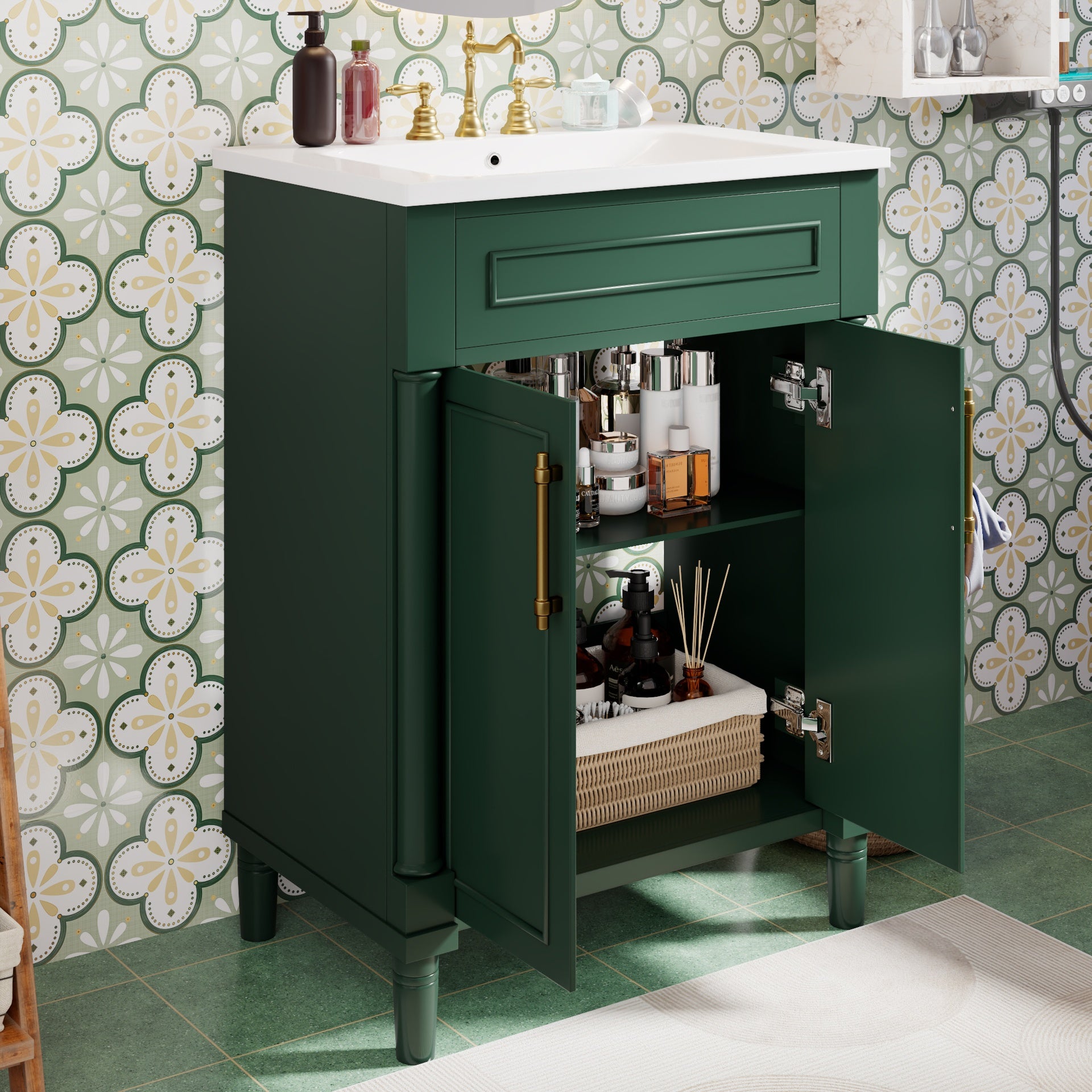 24" Bathroom Vanity with Integrated Ceramic Sink, Bathroom Cabinet with 2 Doors, Single Sink Bathroom Vanity for Small and Medium Restroom
