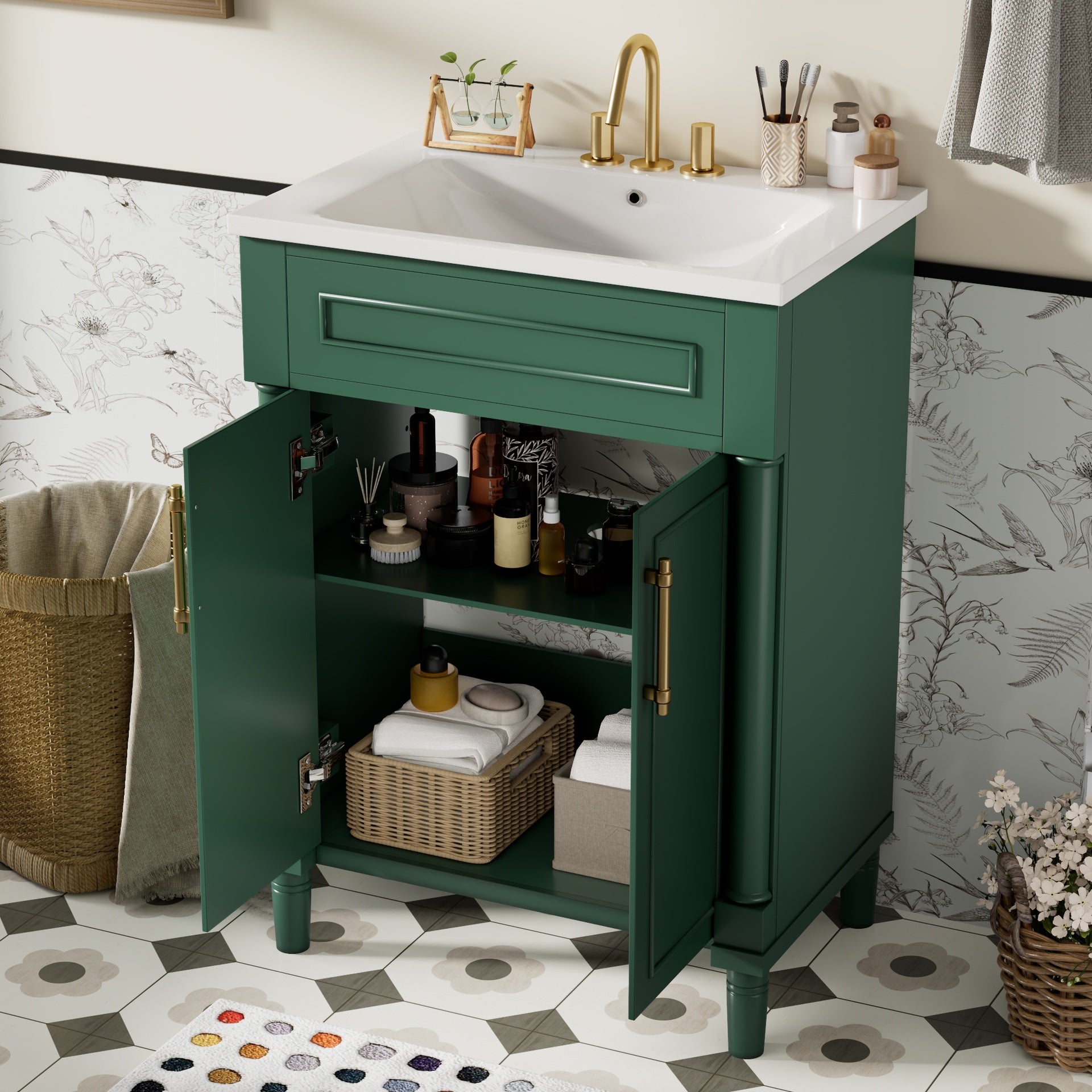 24" Bathroom Vanity with Integrated Ceramic Sink, Bathroom Cabinet with 2 Doors, Single Sink Bathroom Vanity for Small and Medium Restroom