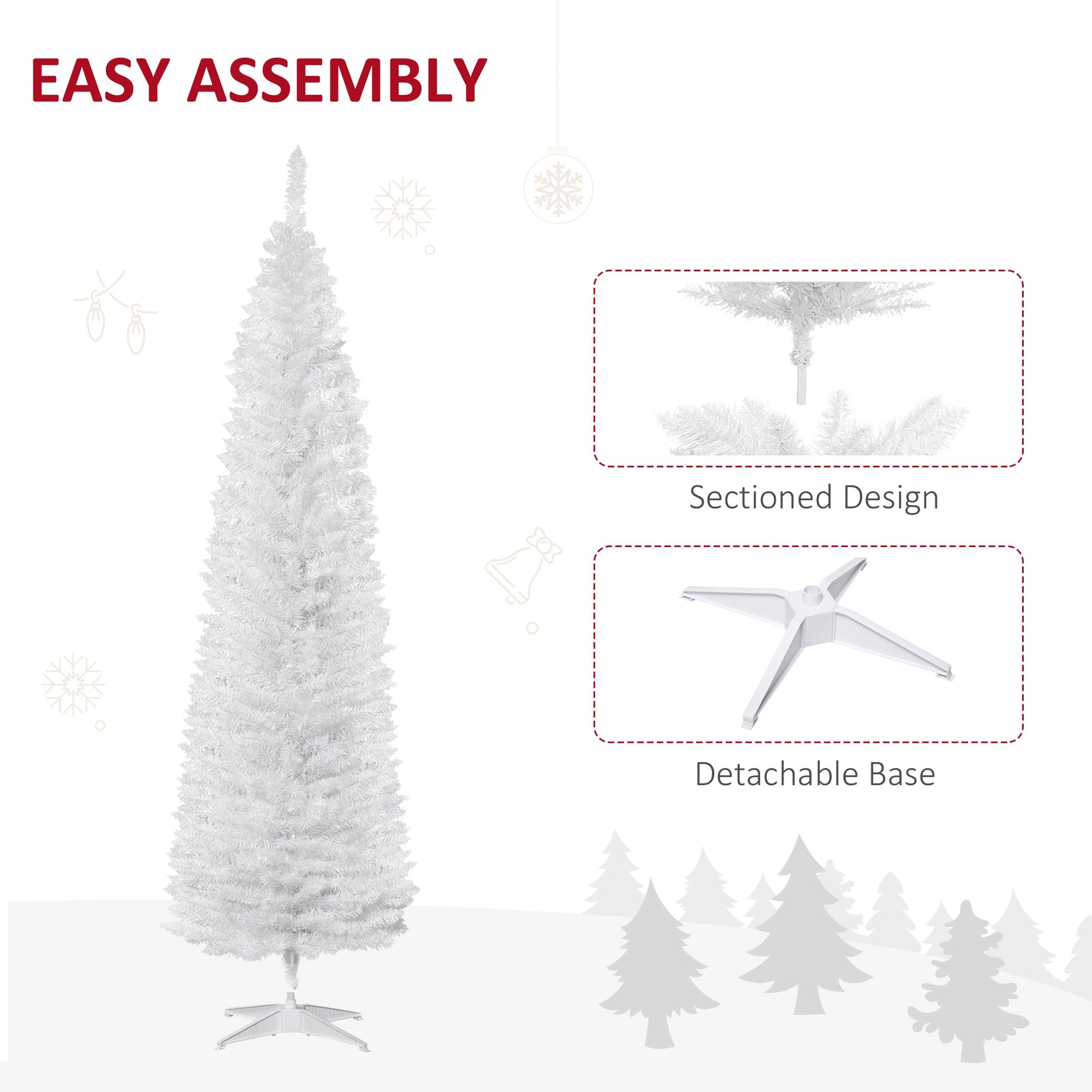 HOMCOM 7' Artificial Pencil Christmas Tree, Slim Xmas Tree with 499 Realistic Branch Tips and Plastic Stand, White