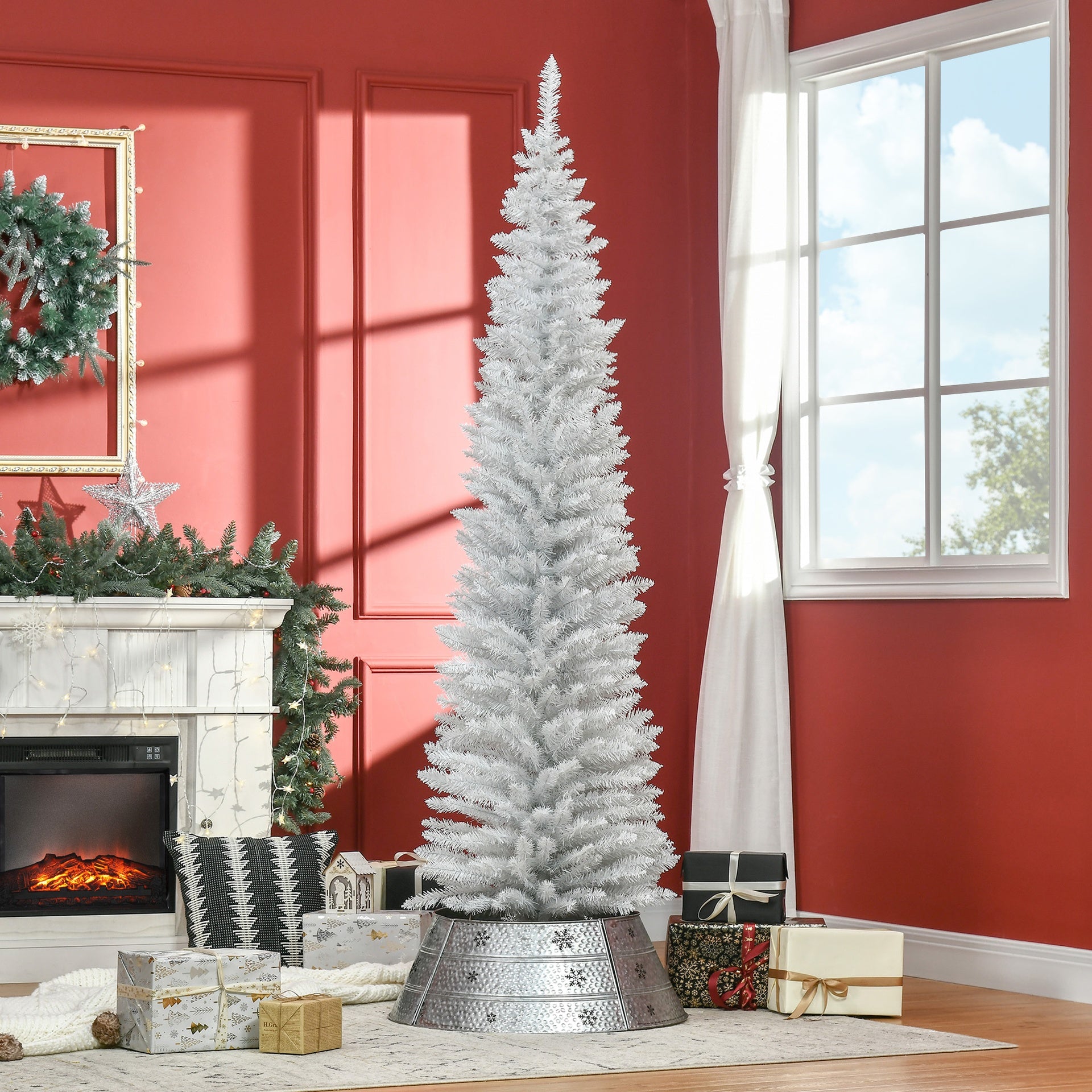 HOMCOM 7' Artificial Pencil Christmas Tree, Slim Xmas Tree with 499 Realistic Branch Tips and Plastic Stand, White