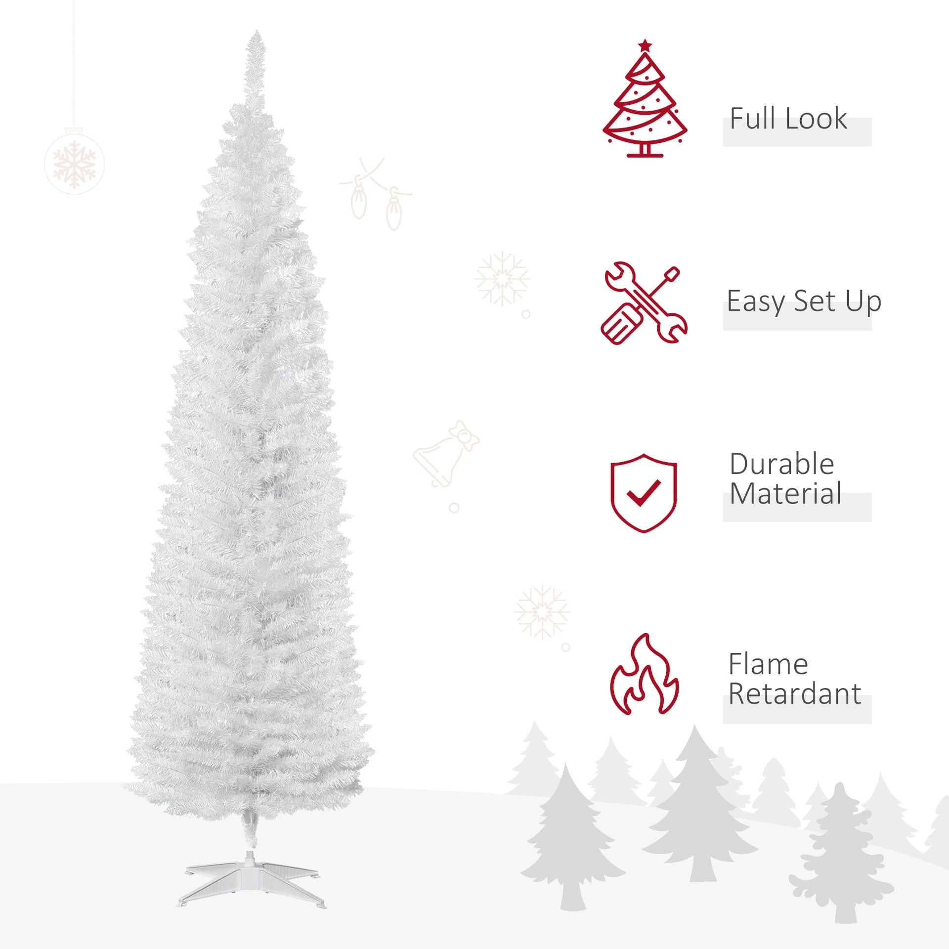 HOMCOM 7' Artificial Pencil Christmas Tree, Slim Xmas Tree with 499 Realistic Branch Tips and Plastic Stand, White