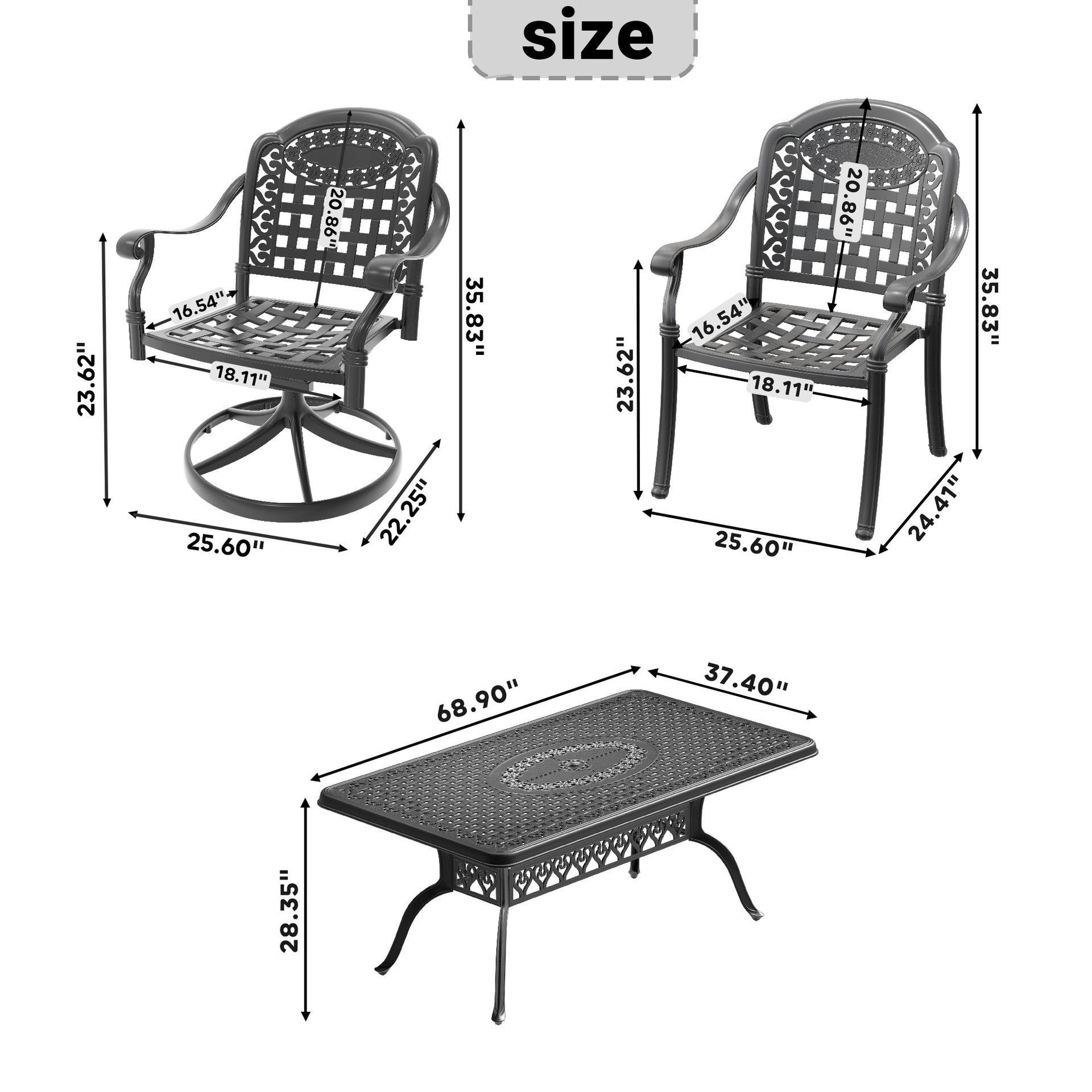 7-Piece All-Weather Cast Aluminum Dining Set, Include 2 Swivel Chairs,4 Dining Chairs and Rectangular Table With Black Frame(same sku:W1710S00377)