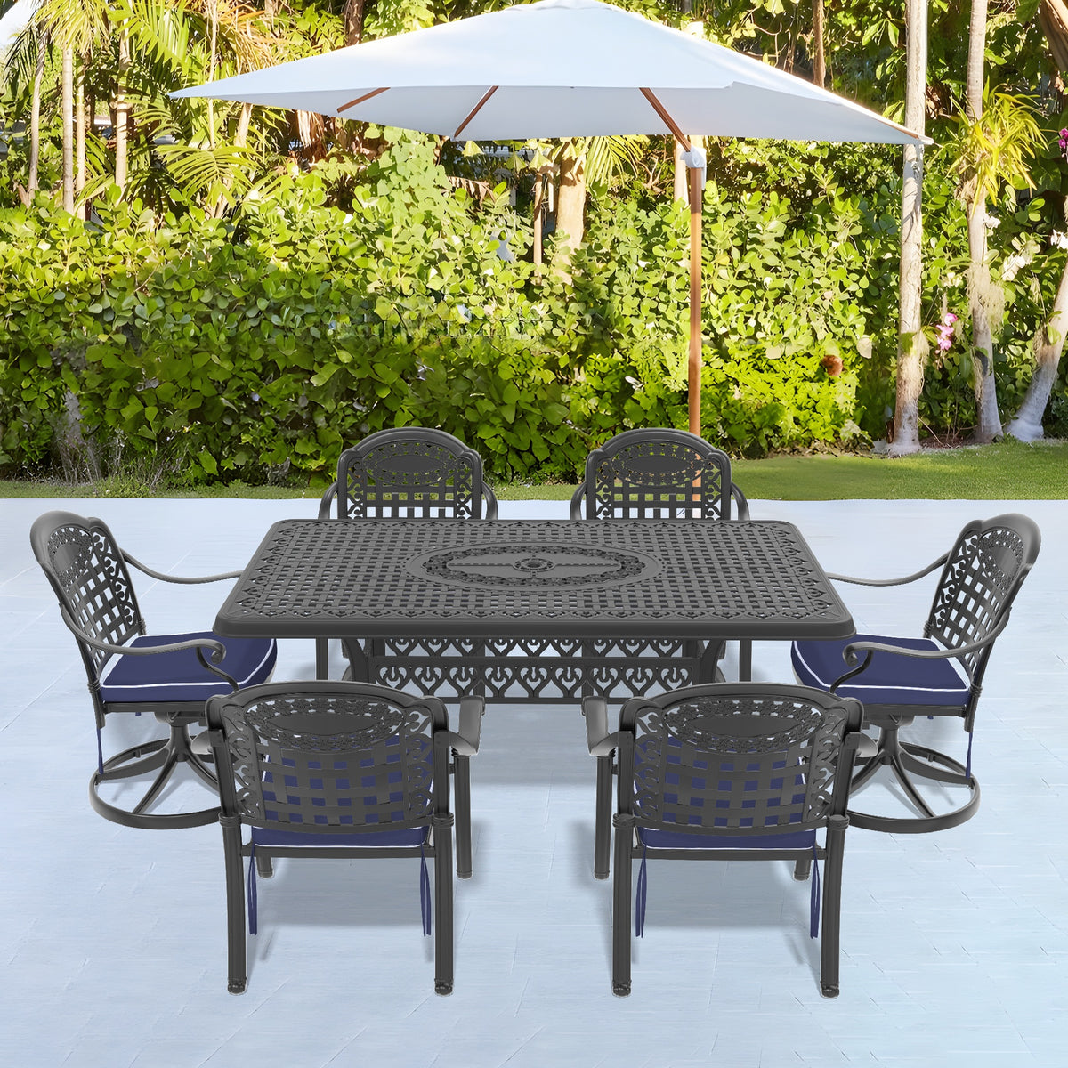 7-Piece All-Weather Cast Aluminum Dining Set, Include 2 Swivel Chairs,4 Dining Chairs and Rectangular Table With Black Frame(same sku:W1710S00377)
