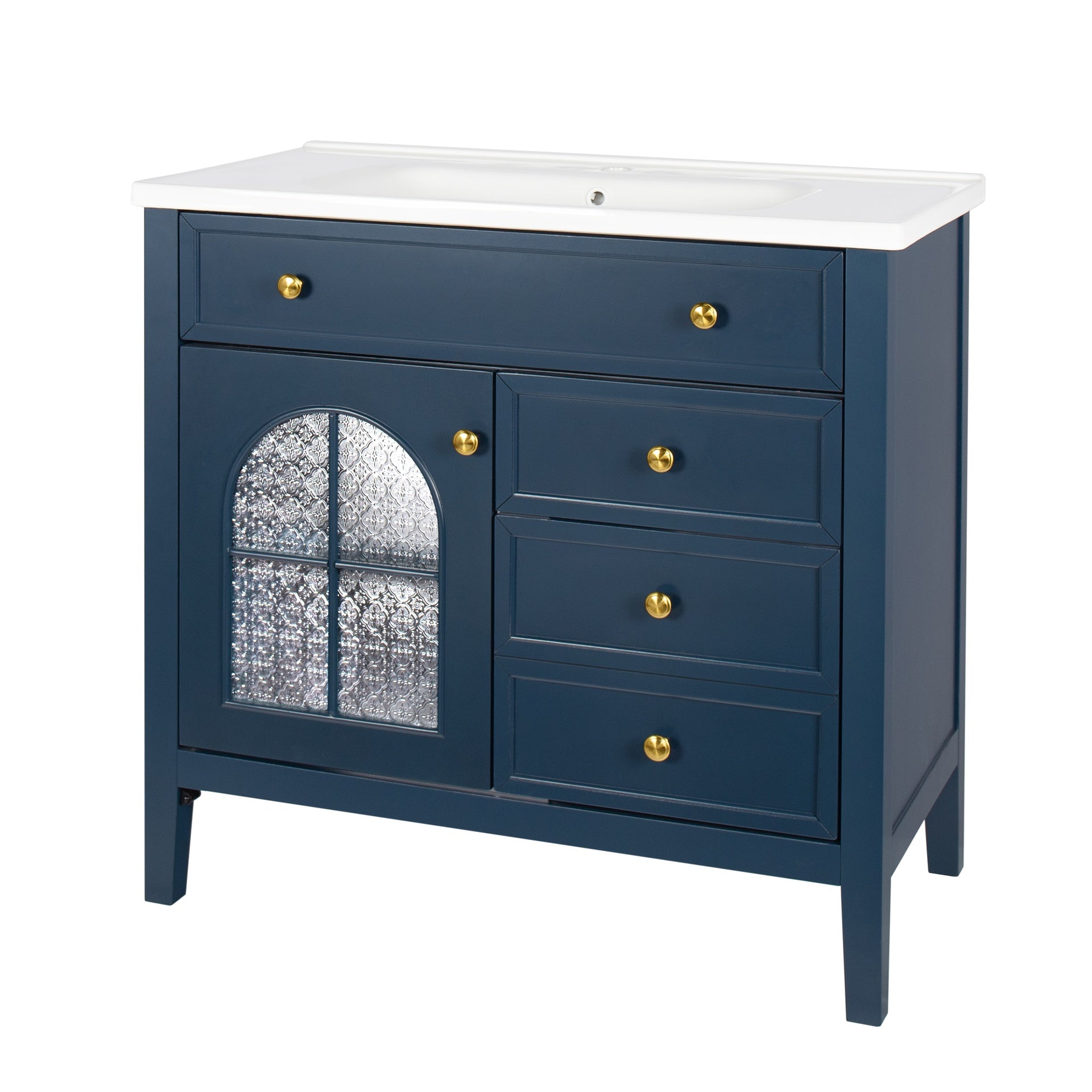 35.6" Mid-Century Bathroom Vanity Sink with Patterned Glass & Motion-sensor Light Strip, Farmhouse Freestanding Bathroom Vanity Sink with Storage, High-end Restroom Vanity Cabinet,Blue