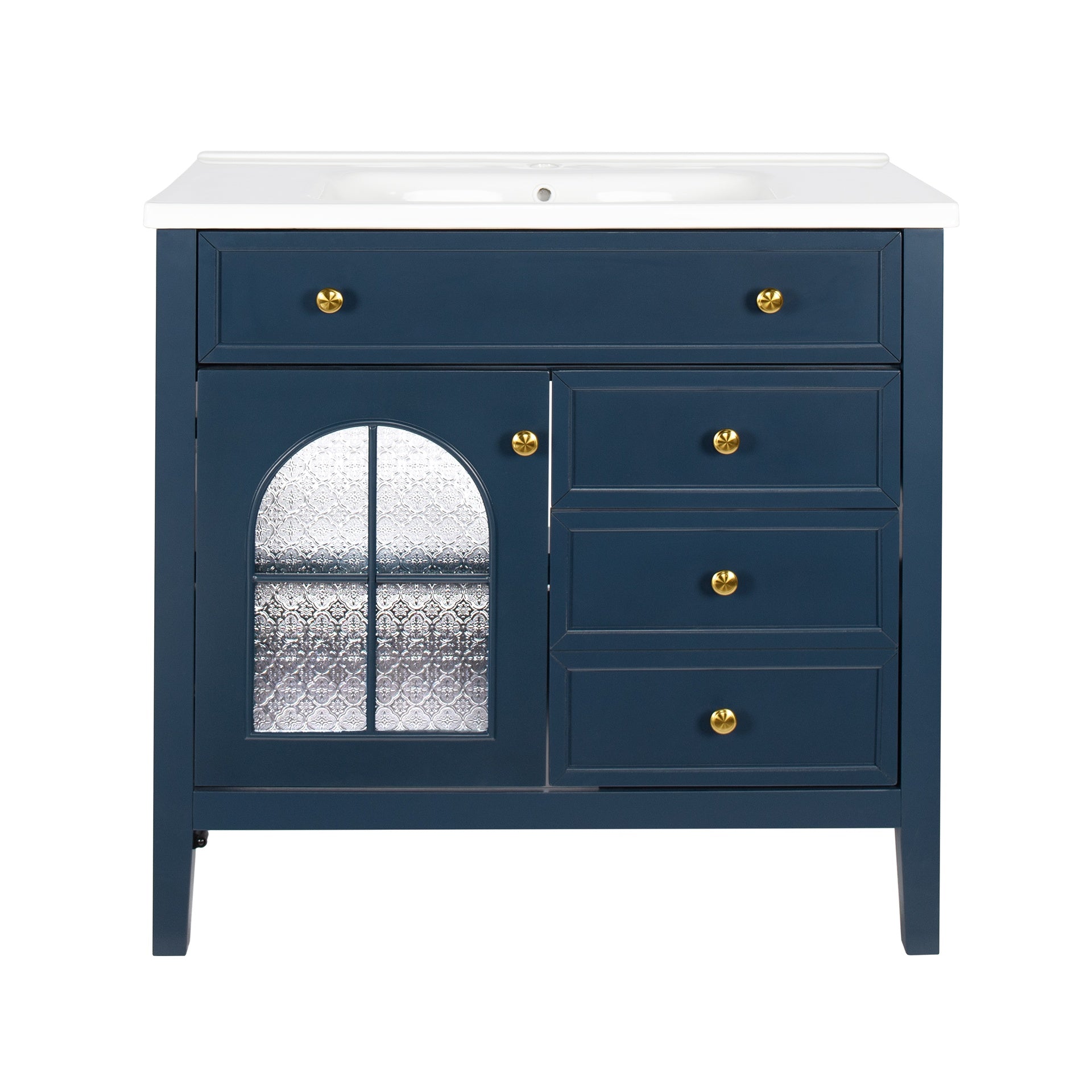 35.6" Mid-Century Bathroom Vanity Sink with Patterned Glass & Motion-sensor Light Strip, Farmhouse Freestanding Bathroom Vanity Sink with Storage, High-end Restroom Vanity Cabinet,Blue