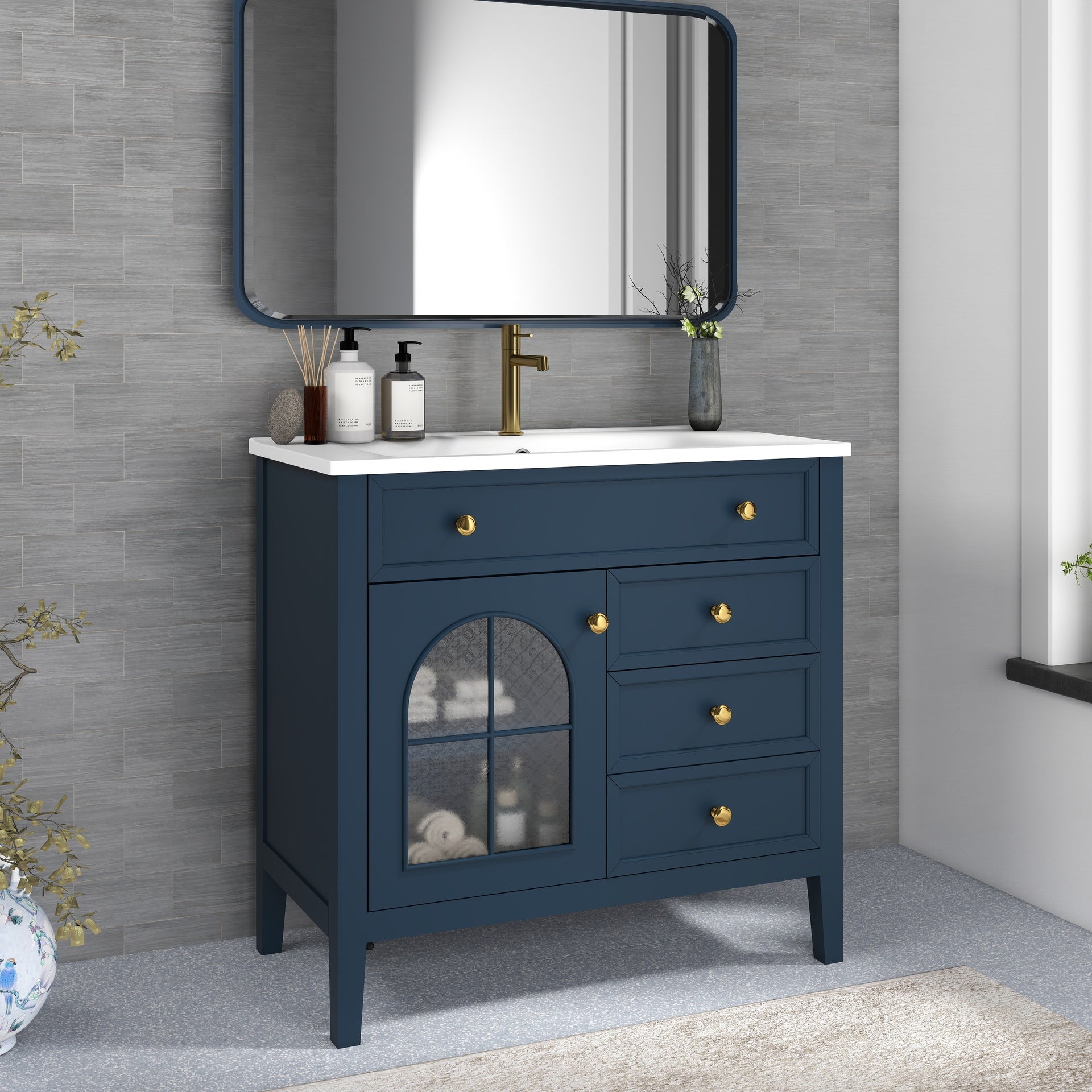35.6" Mid-Century Bathroom Vanity Sink with Patterned Glass & Motion-sensor Light Strip, Farmhouse Freestanding Bathroom Vanity Sink with Storage, High-end Restroom Vanity Cabinet,Blue