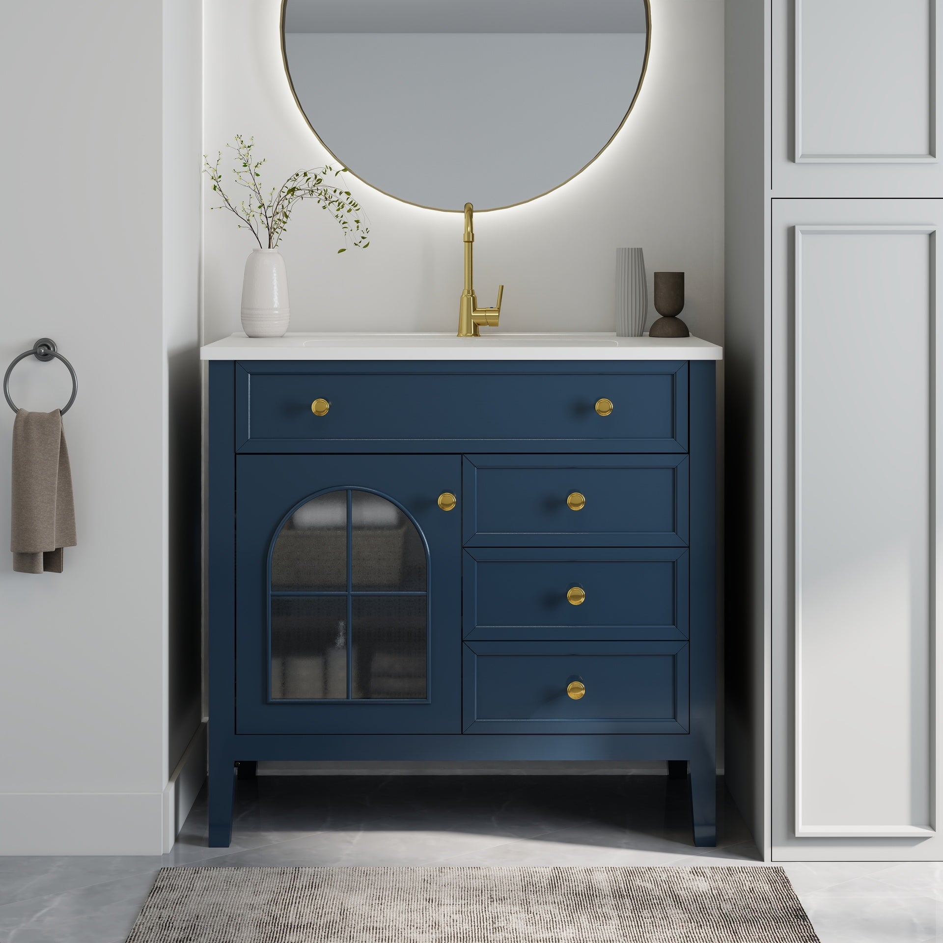 35.6" Mid-Century Bathroom Vanity Sink with Patterned Glass & Motion-sensor Light Strip, Farmhouse Freestanding Bathroom Vanity Sink with Storage, High-end Restroom Vanity Cabinet,Blue