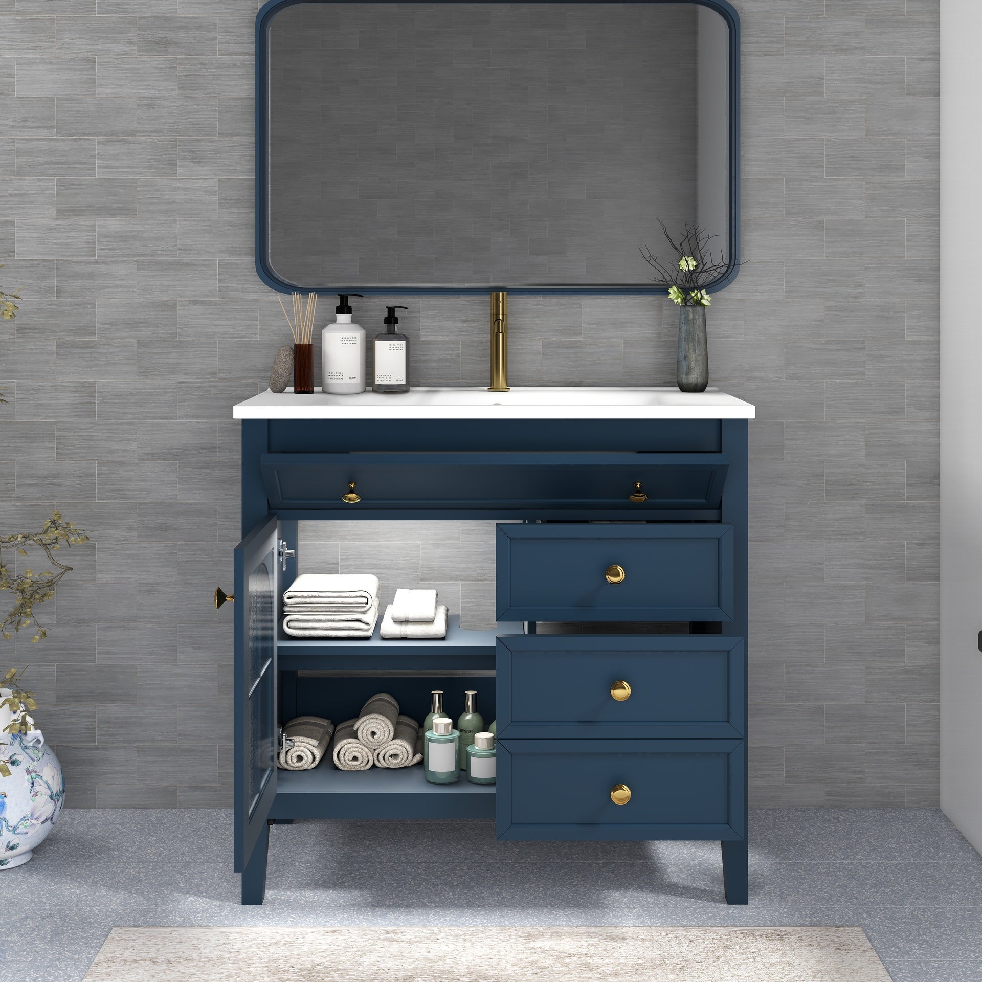 35.6" Mid-Century Bathroom Vanity Sink with Patterned Glass & Motion-sensor Light Strip, Farmhouse Freestanding Bathroom Vanity Sink with Storage, High-end Restroom Vanity Cabinet,Blue