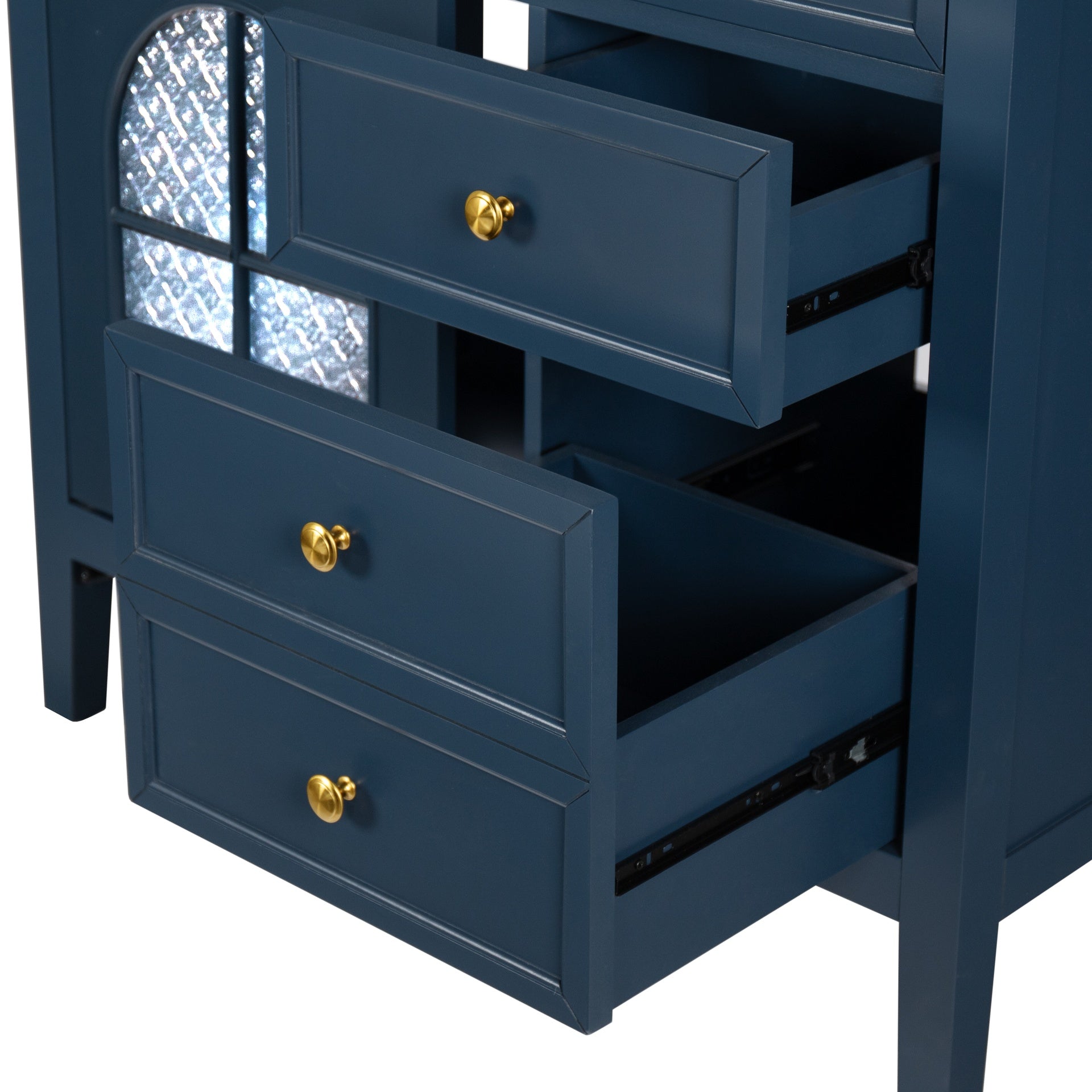 35.6" Mid-Century Bathroom Vanity Sink with Patterned Glass & Motion-sensor Light Strip, Farmhouse Freestanding Bathroom Vanity Sink with Storage, High-end Restroom Vanity Cabinet,Blue