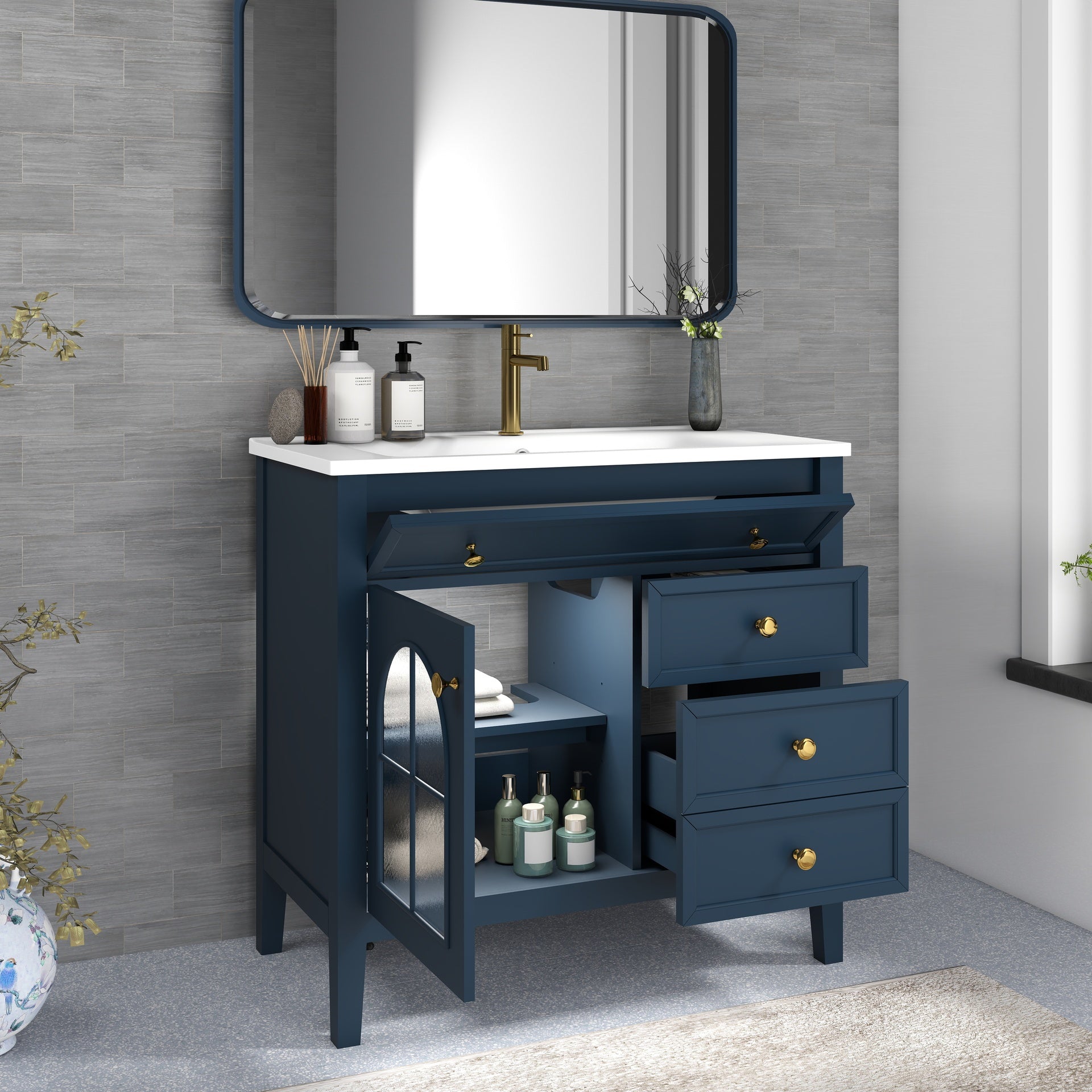 35.6" Mid-Century Bathroom Vanity Sink with Patterned Glass & Motion-sensor Light Strip, Farmhouse Freestanding Bathroom Vanity Sink with Storage, High-end Restroom Vanity Cabinet,Blue