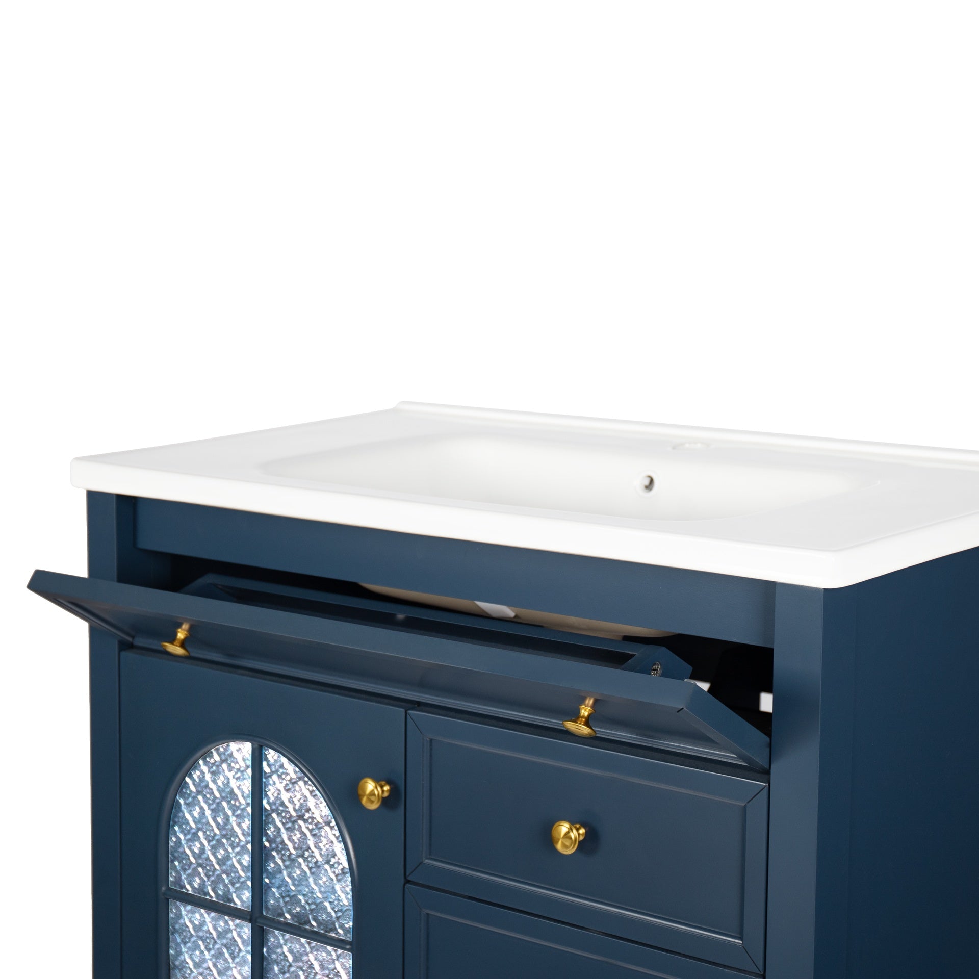 35.6" Mid-Century Bathroom Vanity Sink with Patterned Glass & Motion-sensor Light Strip, Farmhouse Freestanding Bathroom Vanity Sink with Storage, High-end Restroom Vanity Cabinet,Blue