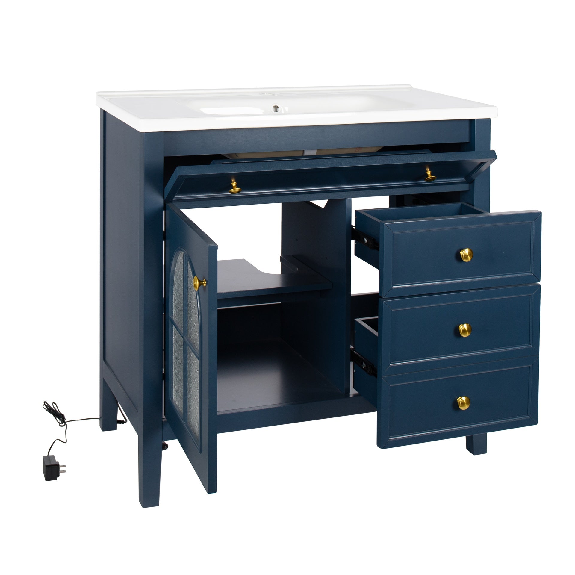 35.6" Mid-Century Bathroom Vanity Sink with Patterned Glass & Motion-sensor Light Strip, Farmhouse Freestanding Bathroom Vanity Sink with Storage, High-end Restroom Vanity Cabinet,Blue