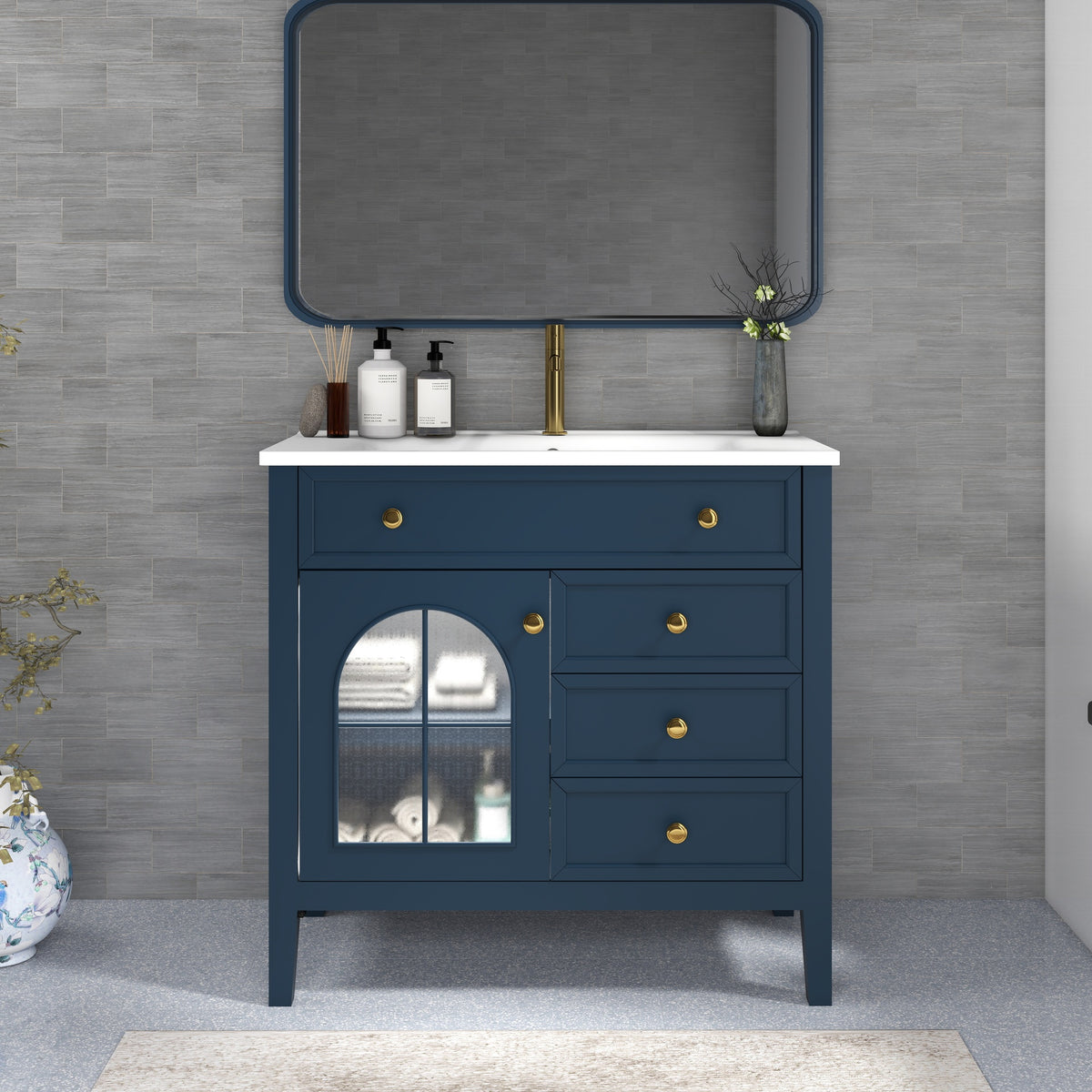 35.6" Mid-Century Bathroom Vanity Sink with Patterned Glass & Motion-sensor Light Strip, Farmhouse Freestanding Bathroom Vanity Sink with Storage, High-end Restroom Vanity Cabinet,Blue